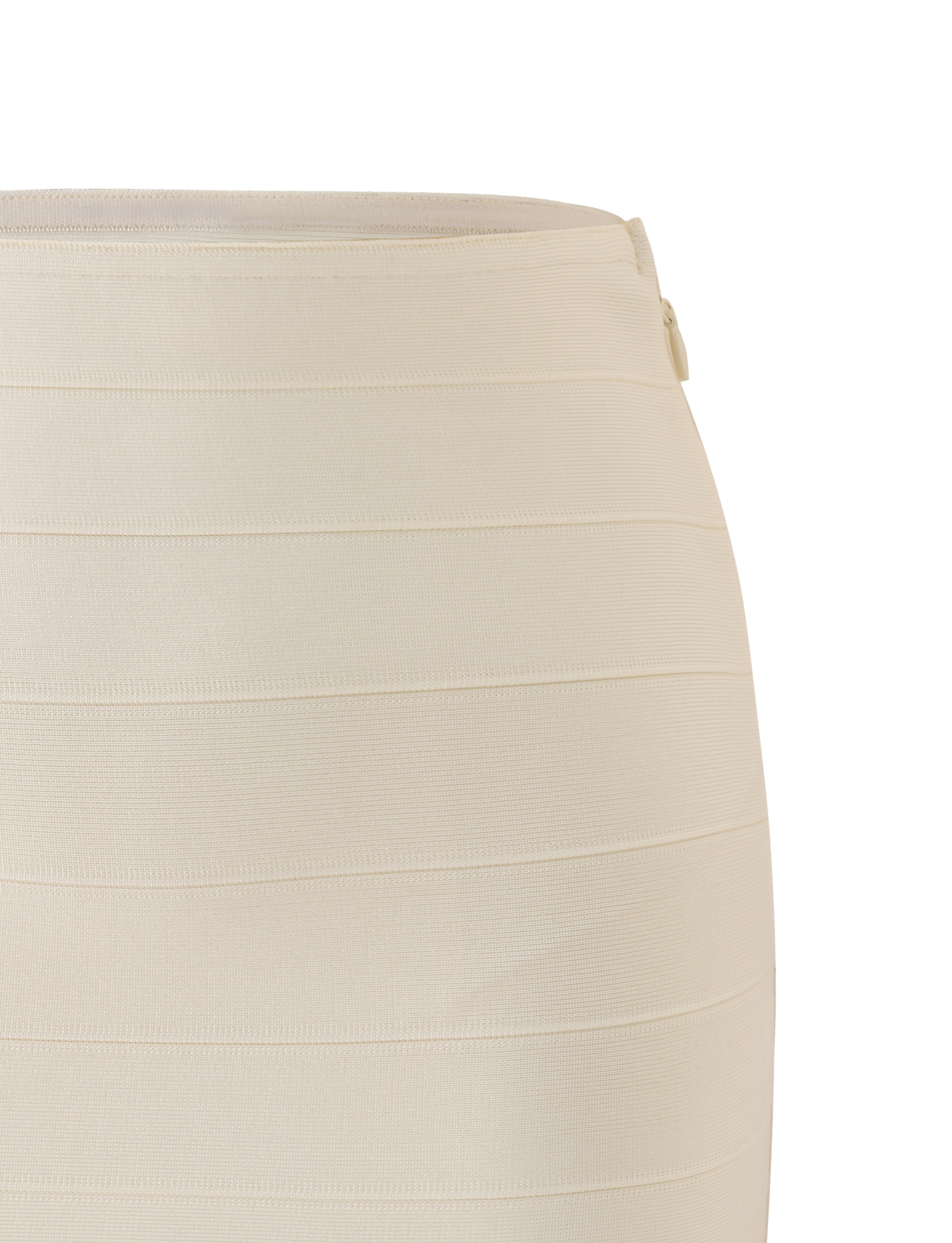 Close-up of the TIGERMIST NYX BANDAGE MINI SKIRT in cream, featuring a high waist, horizontal ribbed detailing, and a side zipper, shown against a plain white background.