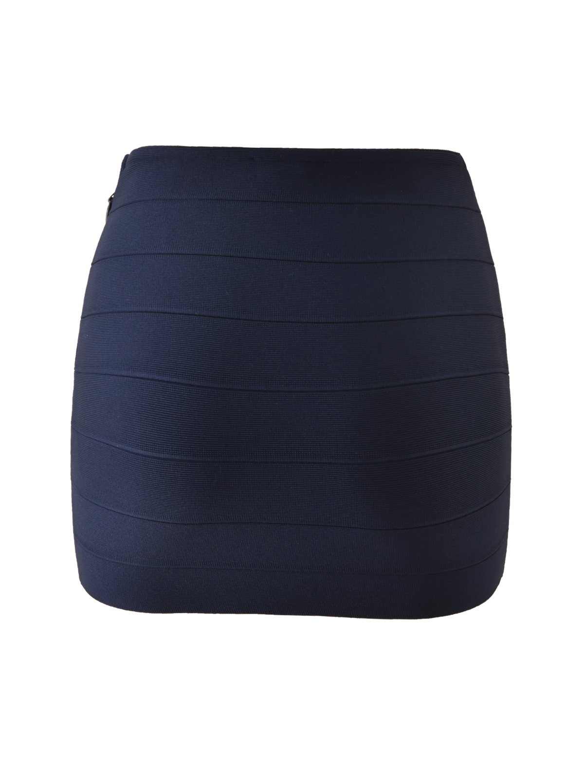 The NYX BANDAGE MINI SKIRT in navy blue by TIGERMIST is a body-hugging mini skirt featuring horizontal panel detailing, shown against a plain white background.
