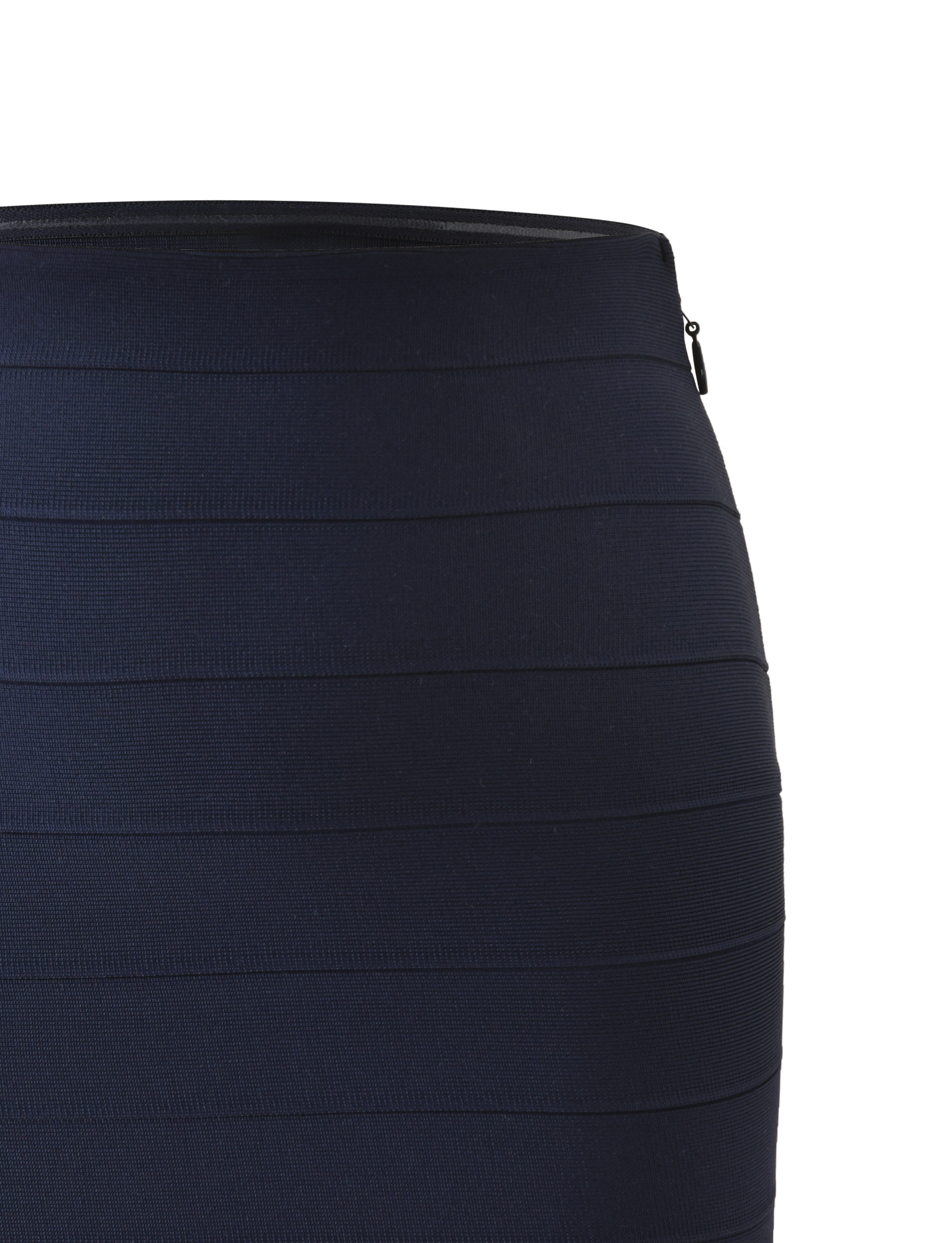 The NYX BANDAGE MINI SKIRT by TIGERMIST in navy blue features horizontal textured stripes, a side zipper, and a body-hugging fit. Shown against a white background, this mini skirt delivers a sleek, modern silhouette.
