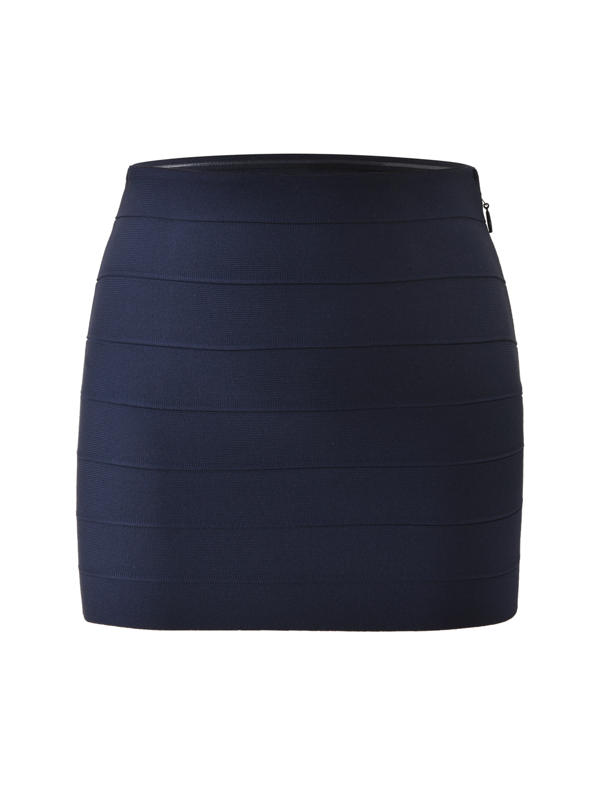 The NYX Bandage Mini Skirt by TIGERMIST is a navy blue, high-waisted mini skirt with horizontal seam detailing, shown on a plain white background.
