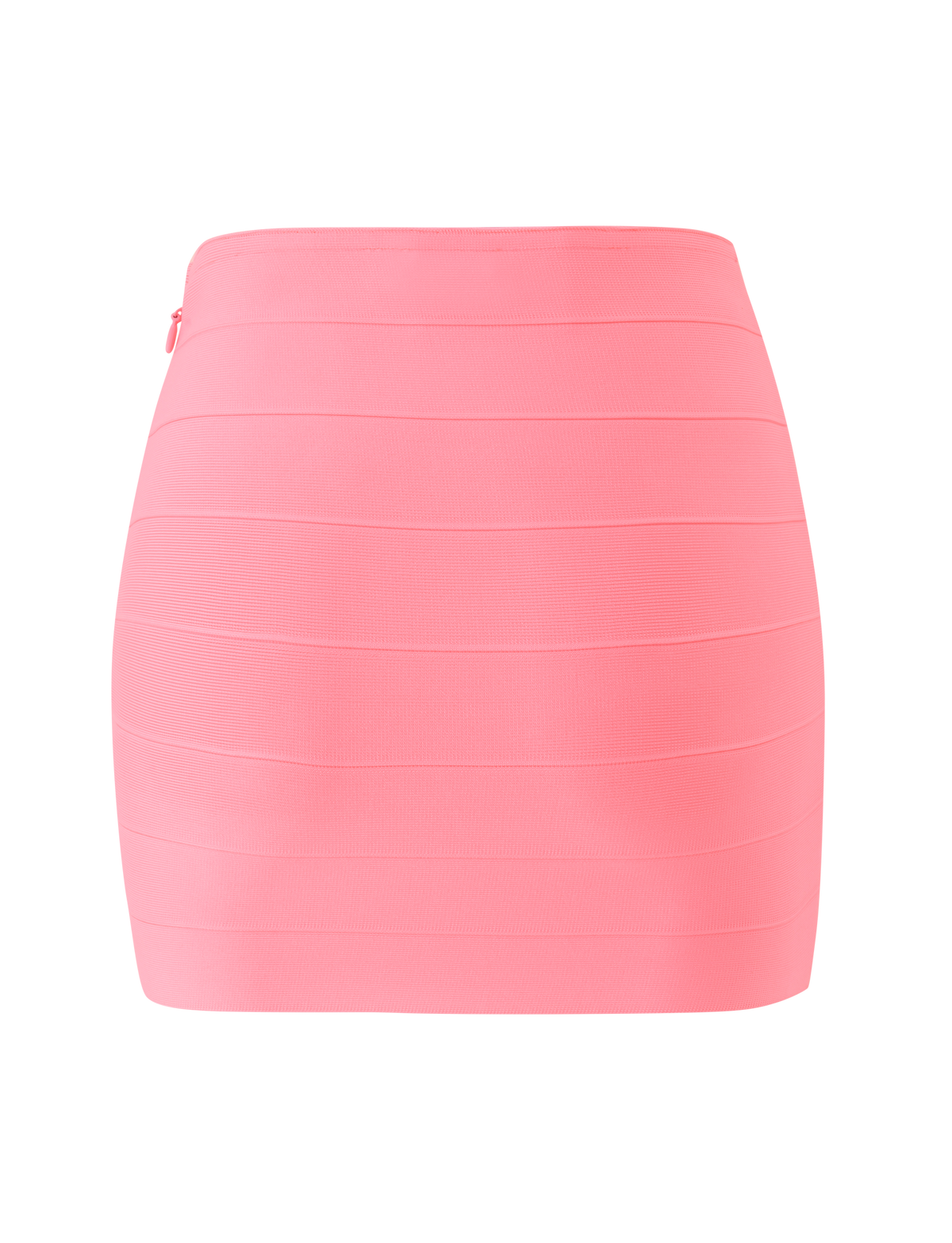 The TIGERMIST NYX BANDAGE MINI SKIRT in Neon Guava is shown against a white background, featuring a high-waisted, sculpted bodycon fit with horizontal seam detailing.