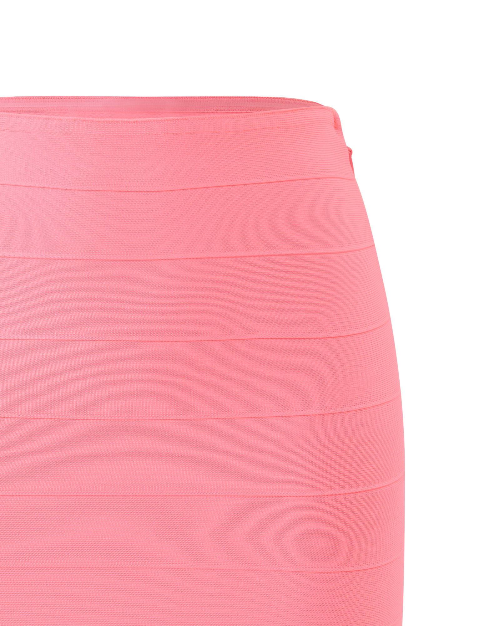 Close-up of the TIGERMIST NYX BANDAGE MINI SKIRT in Neon Guava, featuring horizontal textured bands and a sculpted fit against a plain white background. Only the upper portion of this bright pink skirt is visible.