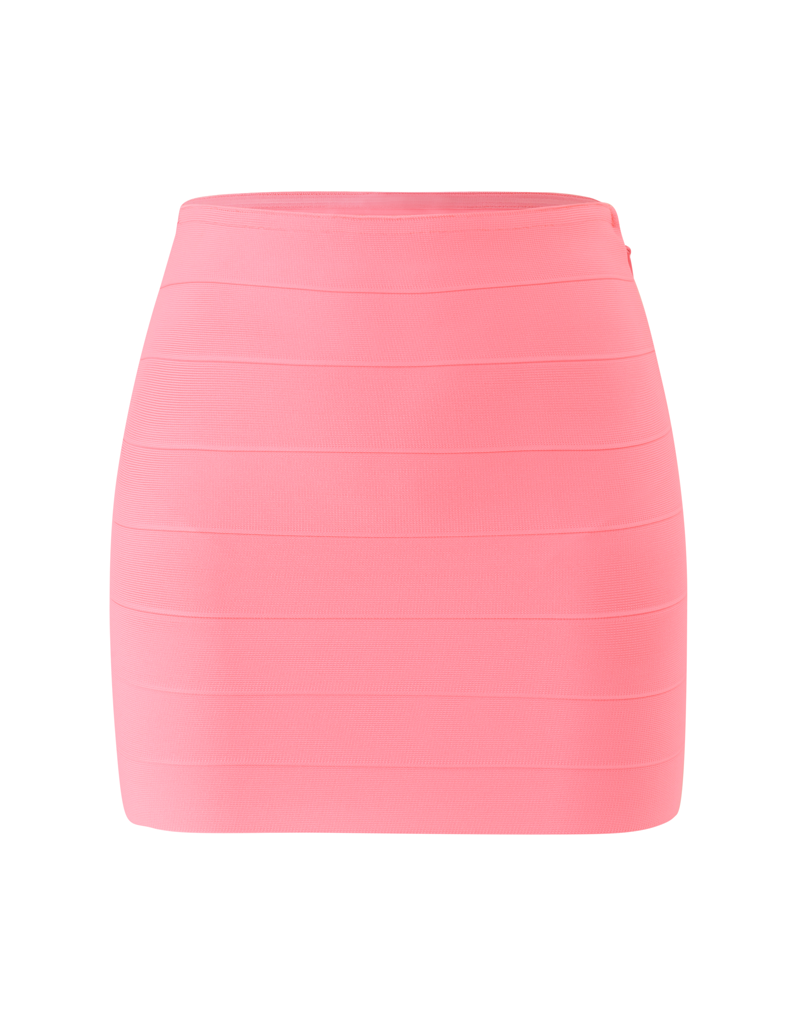 The NYX BANDAGE MINI SKIRT - NEON GUAVA by TIGERMIST features a high-waisted, sculpted fit and horizontal panel detailing in pink, shown on a plain white background.