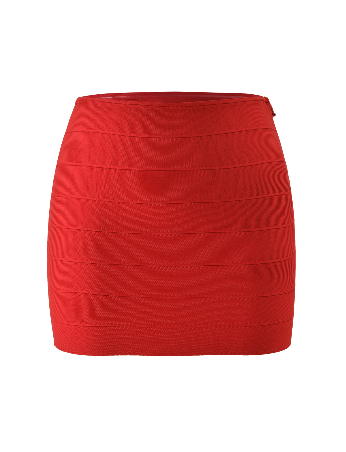 The NYX BANDAGE MINI SKIRT by TIGERMIST is a bright red, body-hugging mini skirt featuring horizontal ribbed detailing, displayed against a plain white background.