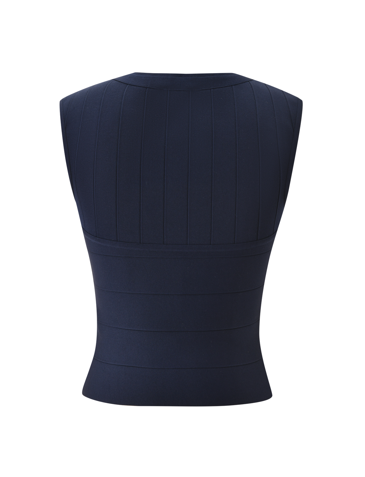 The TIGERMIST EMBER BANDAGE TOP in navy blue is a sleeveless tank shown from the back, with vertical seam detailing and a sculpted fit in smooth, structured fabric.