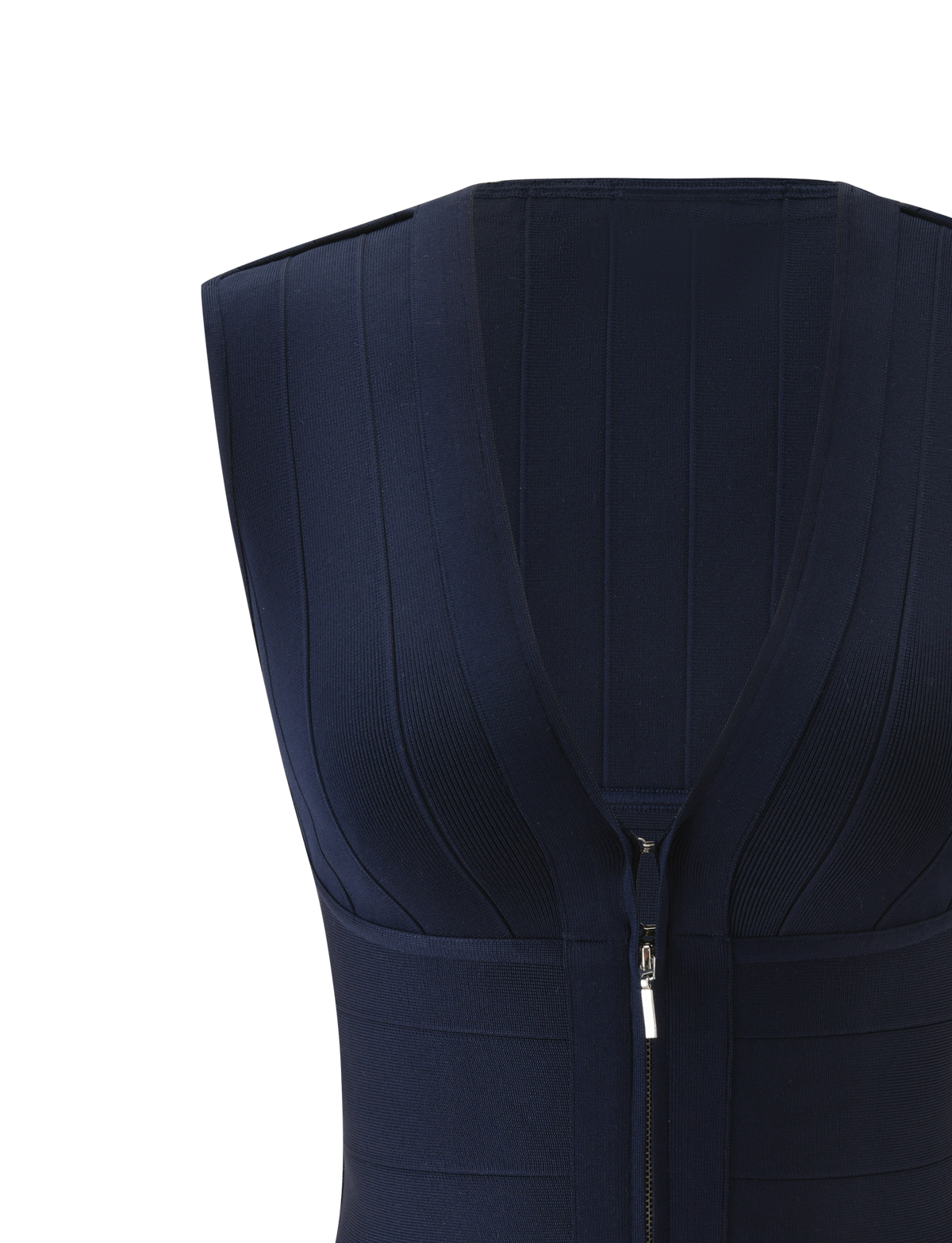 Close-up of TIGERMIST's EMBER BANDAGE TOP in navy blue. This sleeveless top features a deep V-neck, front zipper, and sculpted fit with ribbed vertical and diagonal patterns, shown against a plain white background.