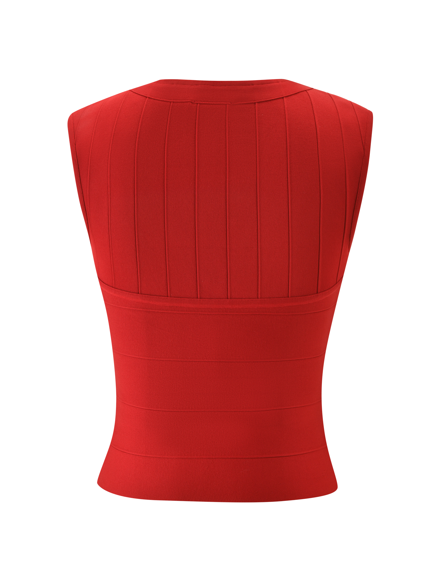 The EMBER BANDAGE TOP - RED by TIGERMIST is a sleeveless, sculpted-fit tank with vertical seams and a horizontal waist band, shown from the back on a white background.