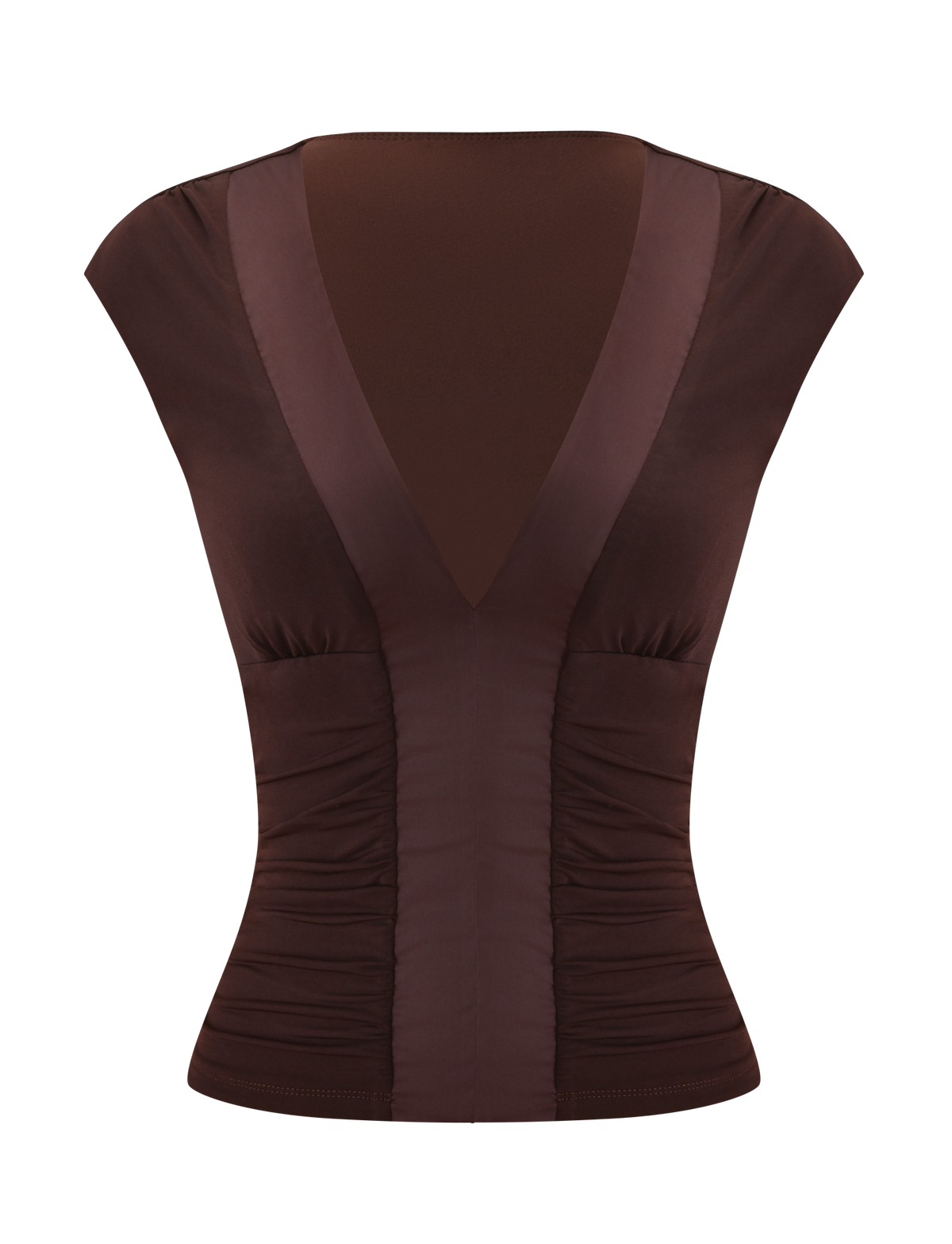 Dark brown ROMI TOP - CHOCOLATE with a deep V-neck, cap sleeves, and ruched side panels.