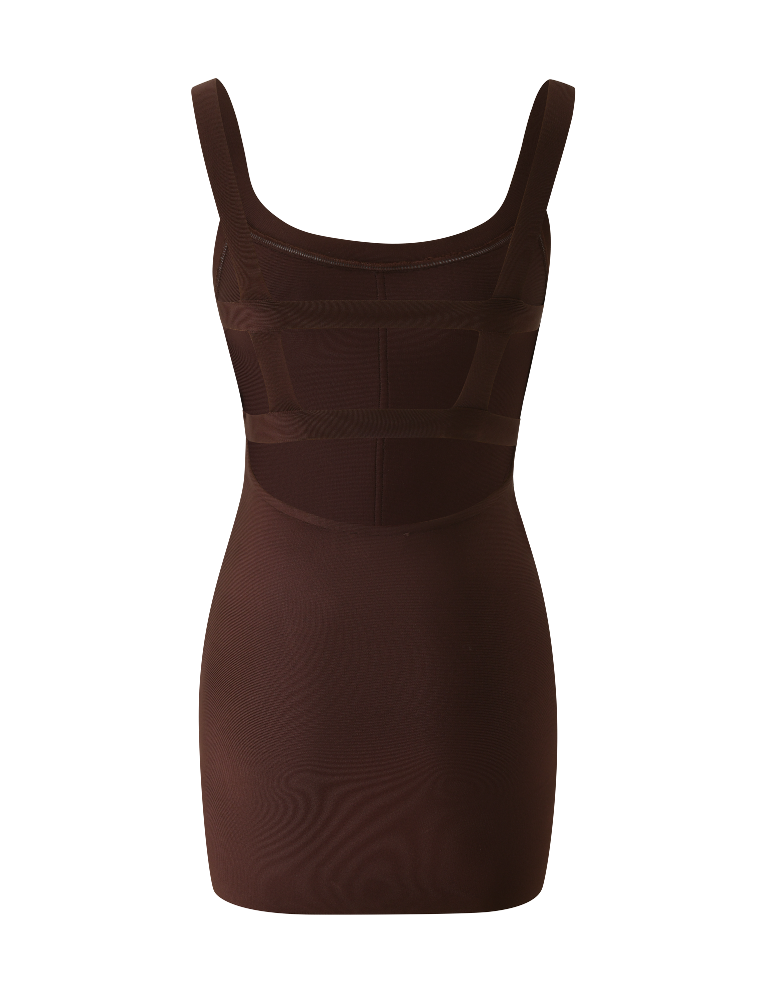 The EVA BANDAGE MINI DRESS by TIGERMIST is a chocolate brown, sleeveless bodycon tank mini dress featuring wide shoulder straps and subtle seam detailing for a sculpted silhouette, shown against a white background.