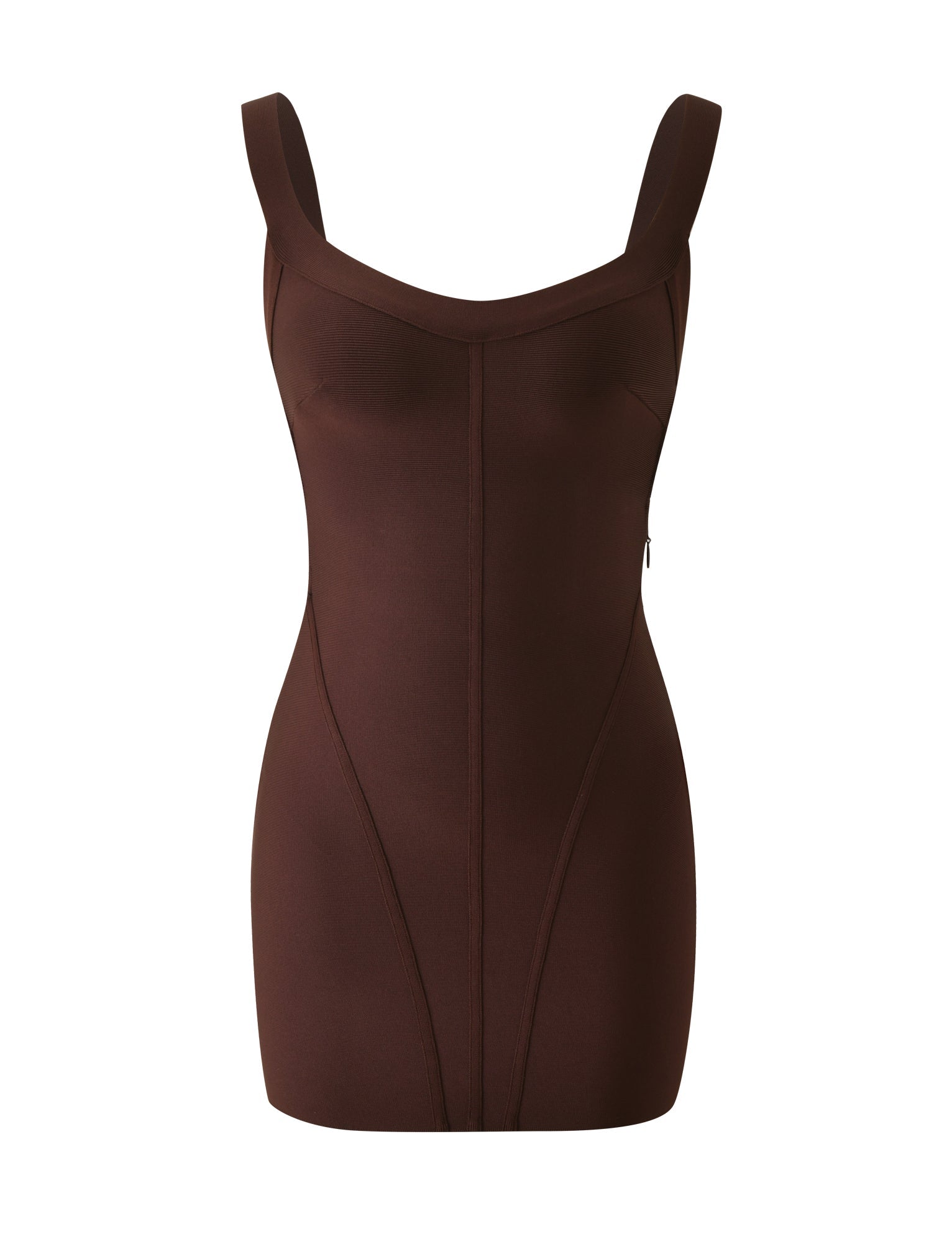 The EVA BANDAGE MINI DRESS by TIGERMIST is a sleeveless, fitted chocolate brown mini dress featuring thick straps and curved seam details, displayed on a white background.