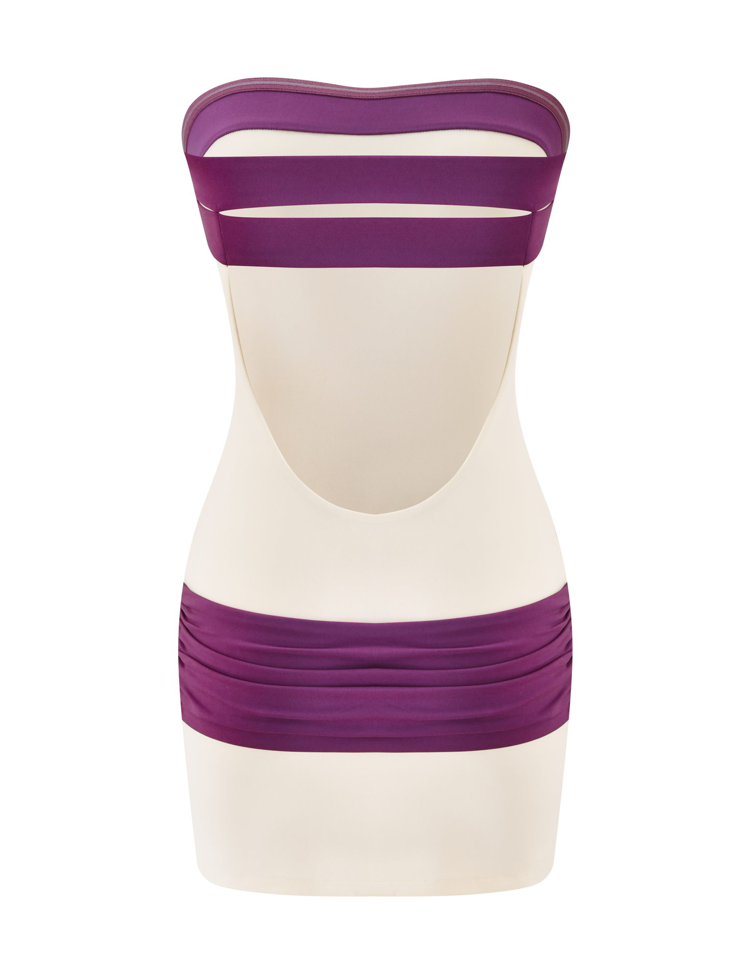The TIGERMIST EOS MINI DRESS in cream and dusty lilac features a fitted, color-blocked silhouette with bold purple bands and a low-cut open back—a chic strapless mini perfect for making a statement at any event.