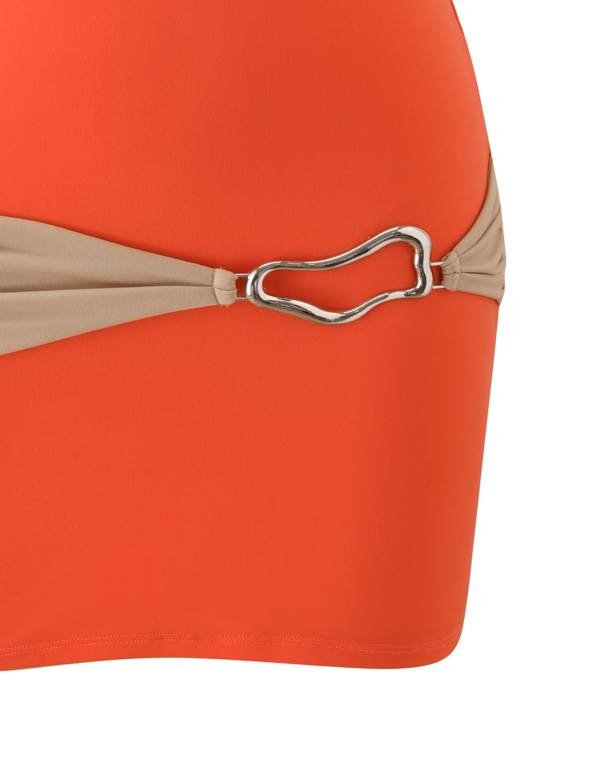 Close-up of the EOS MINI DRESS in persimmon and taupe by TIGERMIST, featuring chic color blocking and a beige strap with a silver buckle detail, shown against a white background.