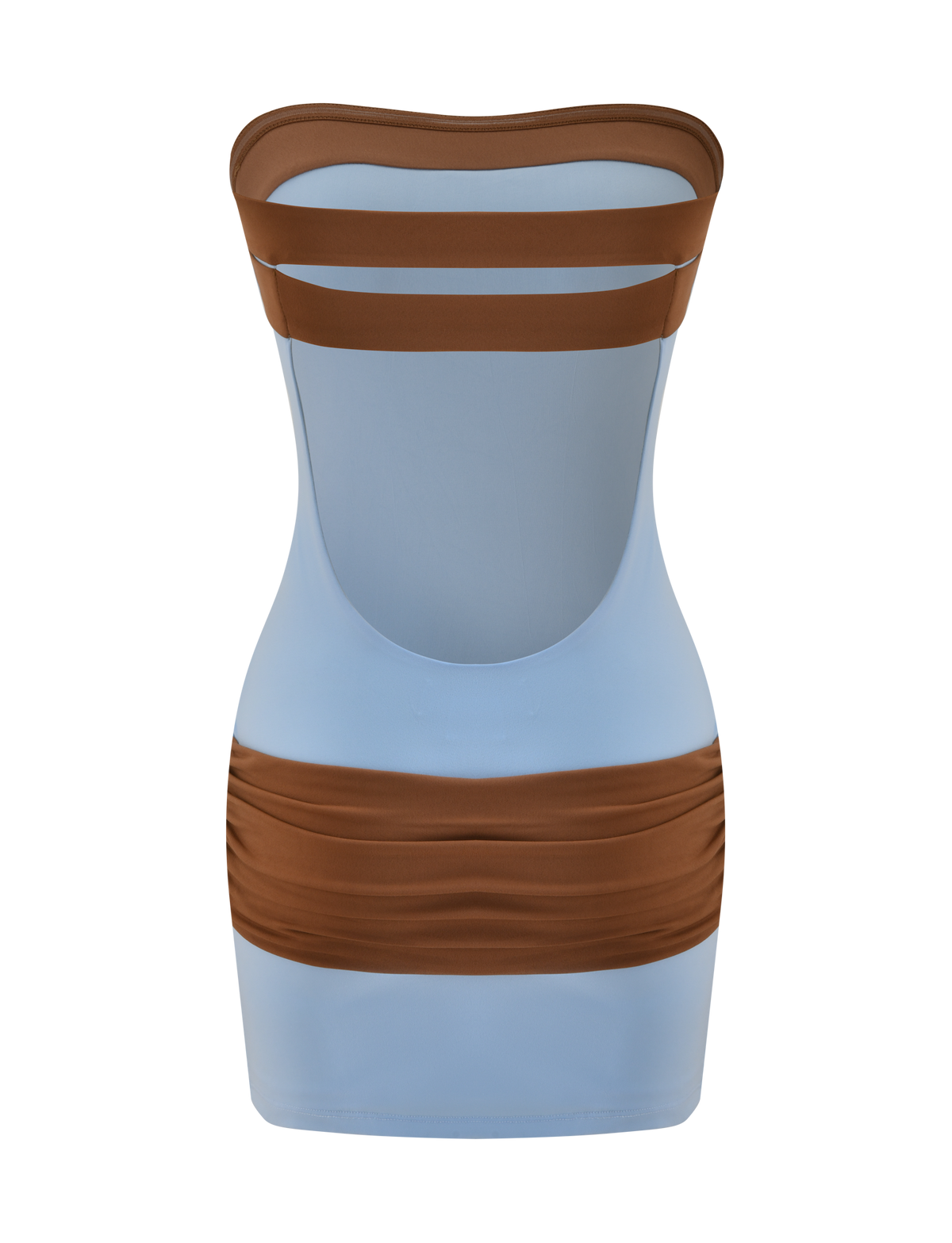 The TIGERMIST EOS MINI DRESS in soft blue and mocha features a strapless design with bold color blocking, brown bands across the chest and waist, a cutout open back, and ruched hip detailing for a chic statement look.