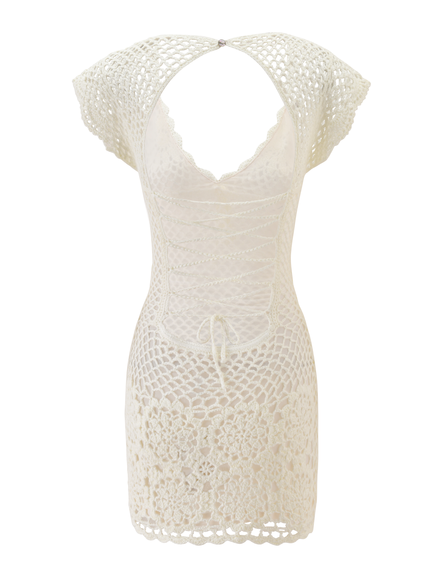 The SASHA CROCHET MINI DRESS - WHITE by TIGERMIST is a short, semi-sheer dress featuring cap sleeves, a lace-up front, open back, and floral knit patterns—ideal for vacations or as a chic swim cover-up.