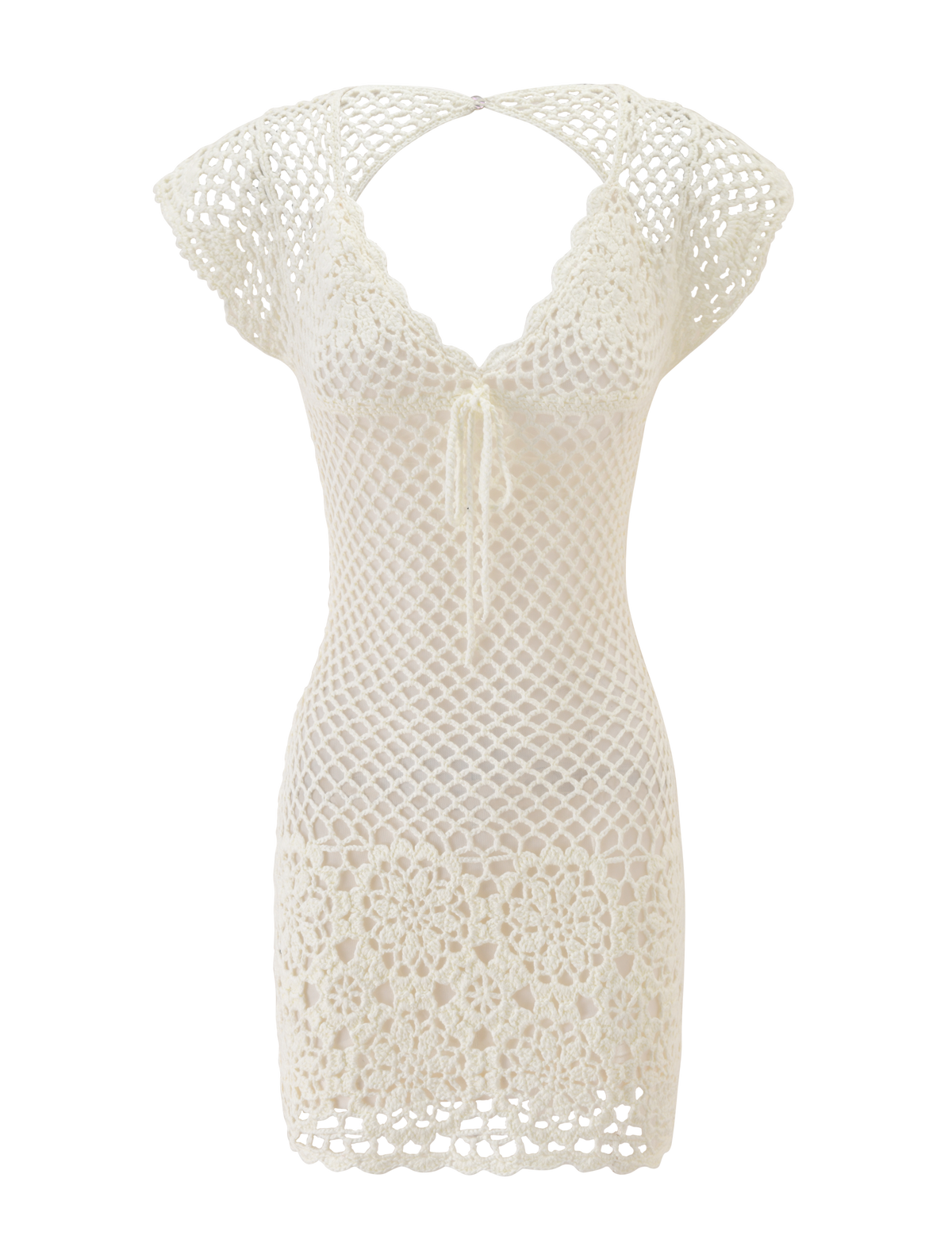 The SASHA CROCHET MINI DRESS by TIGERMIST is a cream-white mini with cap sleeves, V-neckline, tie front, and scalloped hem in floral and geometric crochet—ideal as a chic swim cover-up or vacation dress.