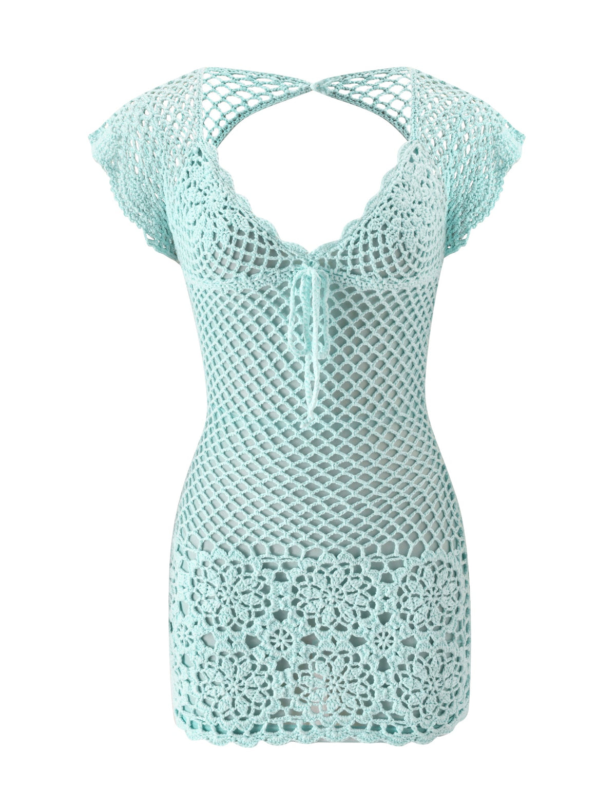 SASHA CROCHET MINI DRESS - MINT by TIGERMIST: Light blue mini with short sleeves, floral and netted patterns, scoop neckline, and a front tie—ideal as a chic bikini cover up.