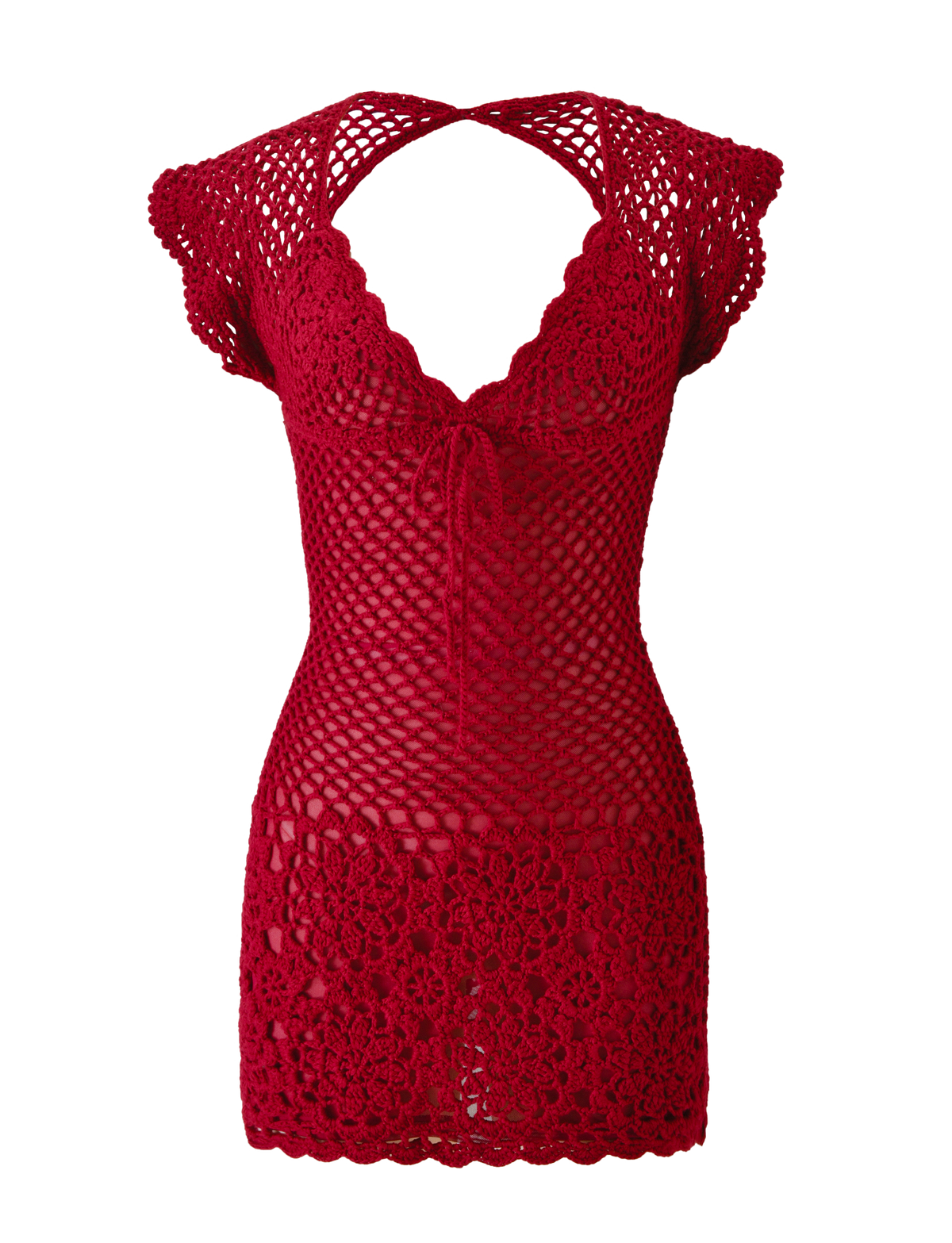 Turn heads in the SASHA CROCHET MINI DRESS - CHERRY RED by TIGERMIST, featuring cap sleeves, a deep V neckline, tie chest detail, and an open-knit floral design—ideal as a bikini cover-up or for standout style.