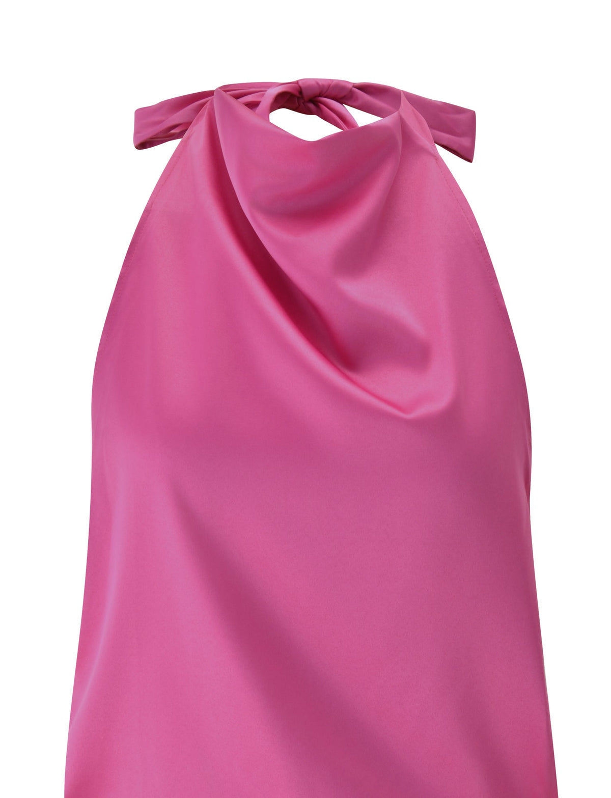 A sleeveless pink satin halter top with a high neckline and a loose, draped front, inspired by the TIGERMIST GRETA MINI DRESS in Wild Berry.