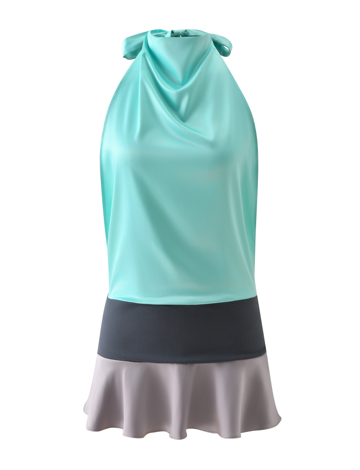 GRETA MINI DRESS - AQUA AND GRANITE: Aqua satin mini dress with a draped cowl neckline and a color-blocked gray skirt.