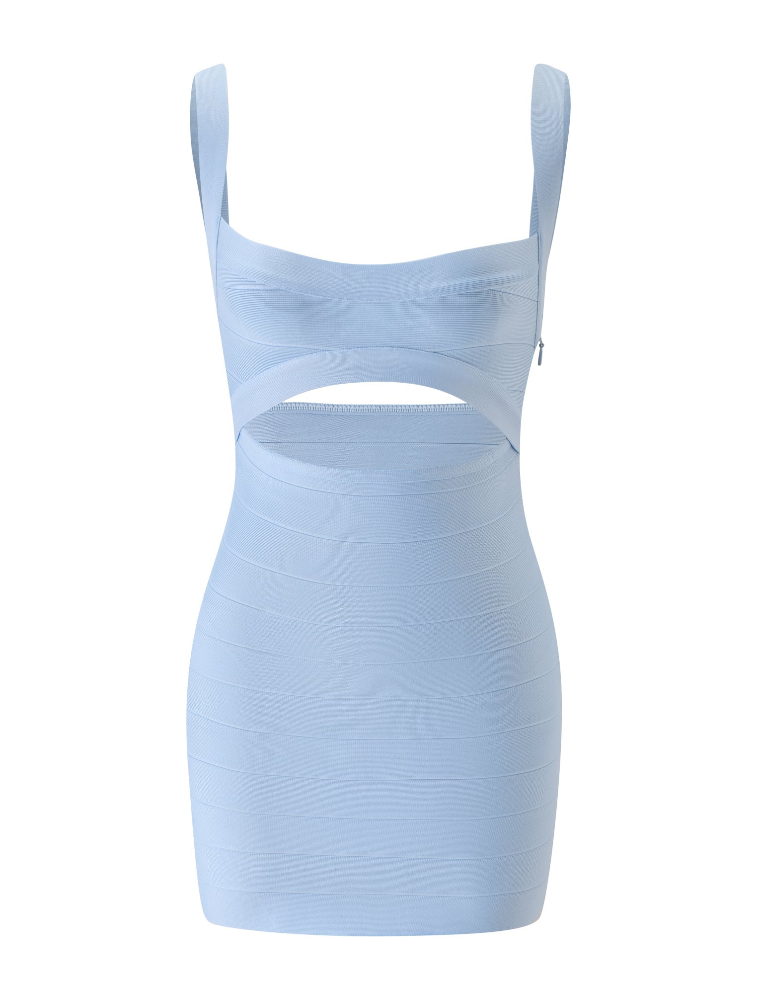 The LIEL BANDAGE MINI DRESS - BABY BLUE by TIGERMIST is a light blue, sleeveless mini dress featuring wide straps and a stylish cutout below the bust. With its fitted bodycon silhouette and horizontal panel detailing, this dress is perfect for making a statement on your summer vacation.