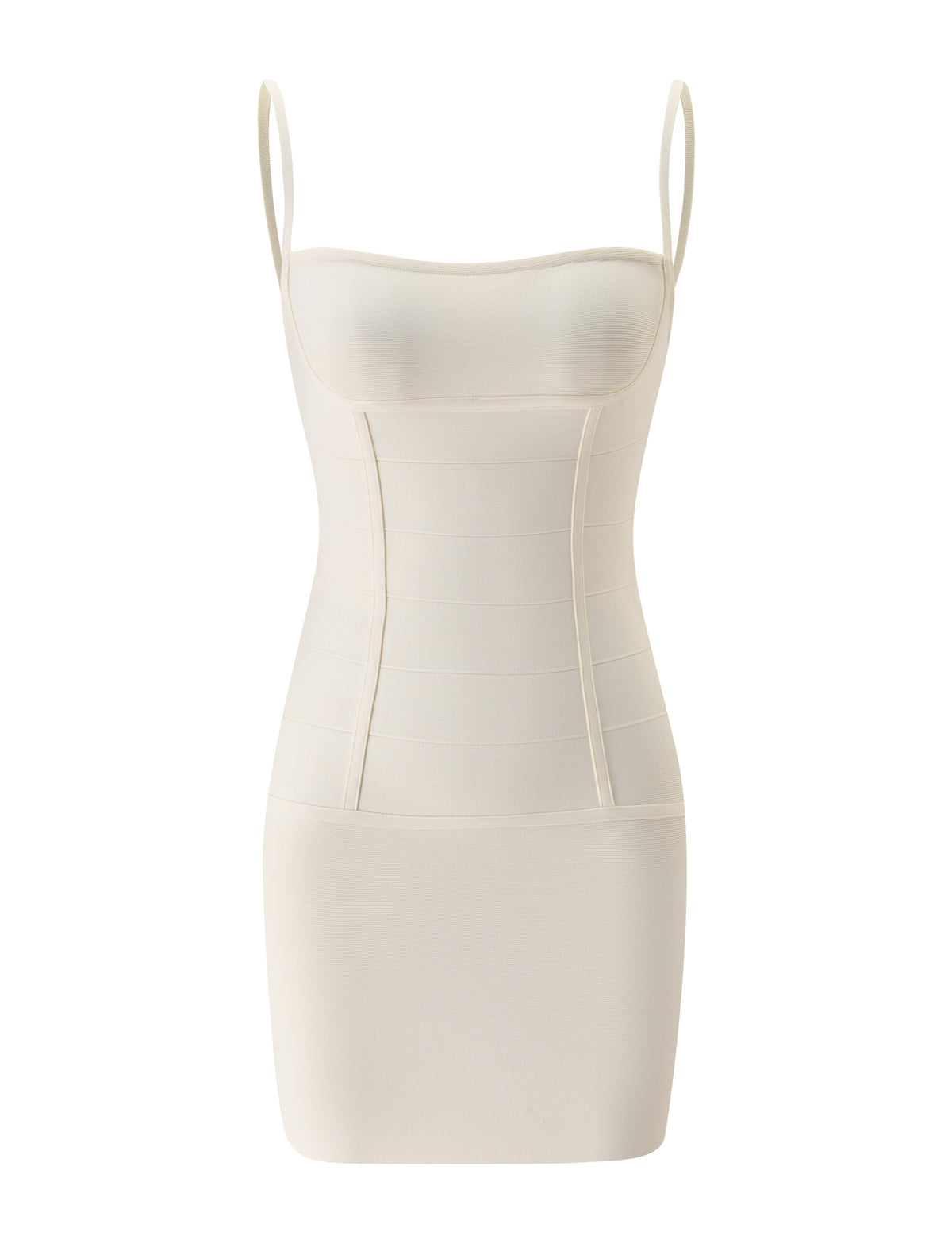The TAHNIA BANDAGE MINI DRESS by TIGERMIST features a cream hue, sleeveless design with thin shoulder straps, a fitted bodice, and a seamless bodycon silhouette, shown against a plain white background.
