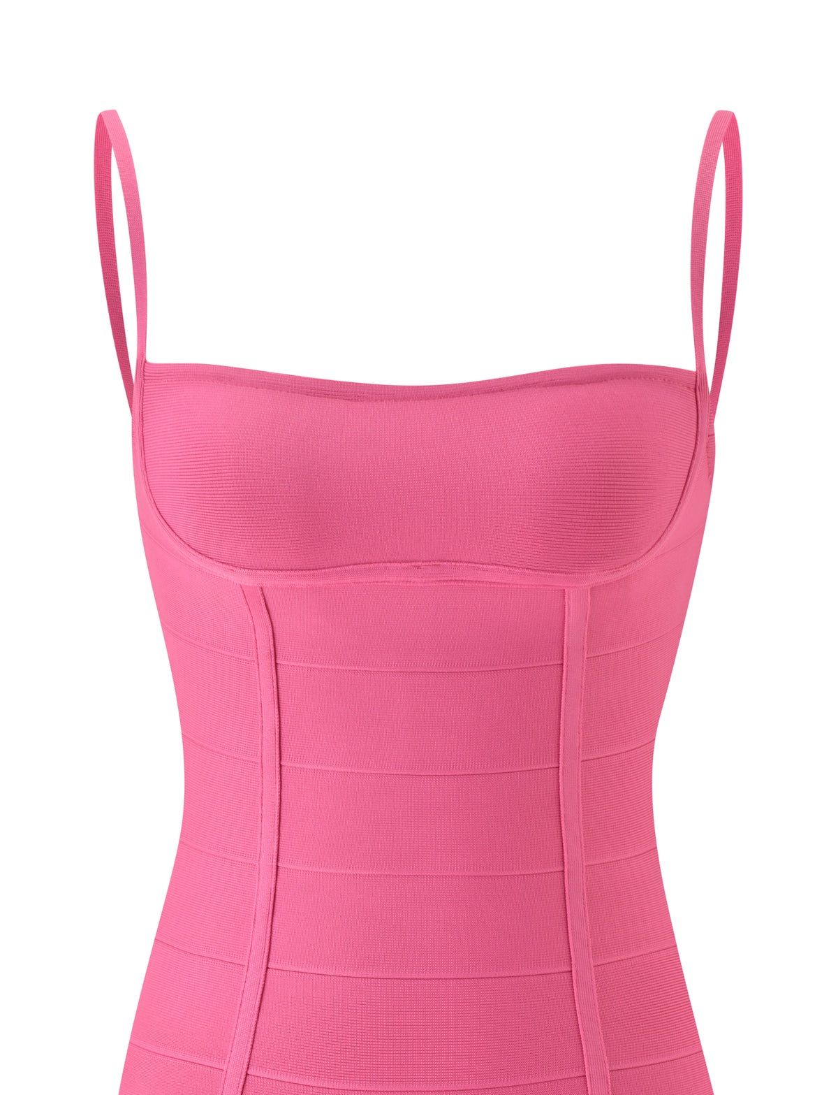 A close-up of the TIGERMIST TAHNIA BANDAGE MINI DRESS in Passion Fruit, a pink sleeveless mini dress with thin shoulder straps and structured paneling, featuring a flattering corseted silhouette, shown on a plain white background.