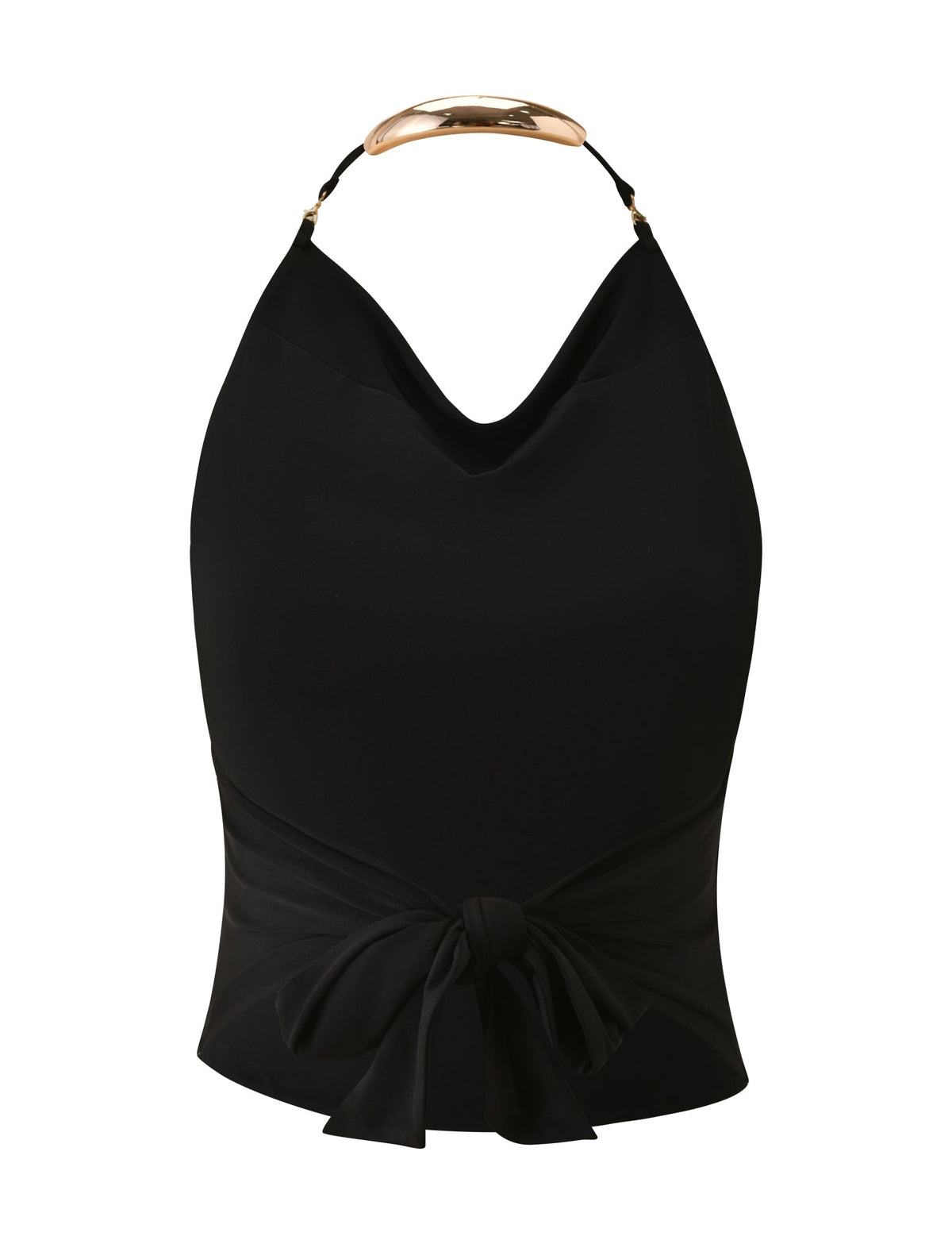 The SOLIA TOP - BLACK by TIGERMIST is a sleeveless halter top with a draped neckline, metallic gold collar detail, and a fabric tie at the waist. Featuring an open back, this chic girls’ night top is displayed against a white background.