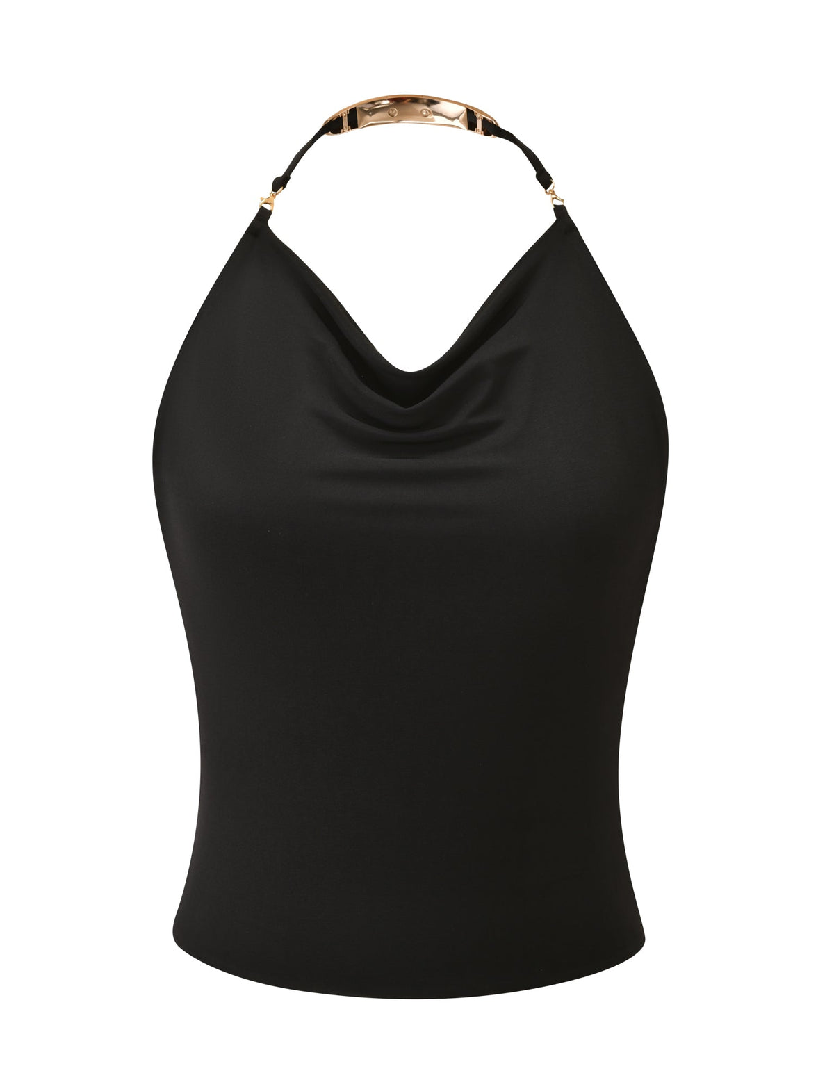 The SOLIA TOP - BLACK by TIGERMIST is a sleeveless cowl neck top featuring a draped neckline, an eye-catching metallic gold neck strap, and an open back—perfect for a girls’ night out. Shown on a plain white background.