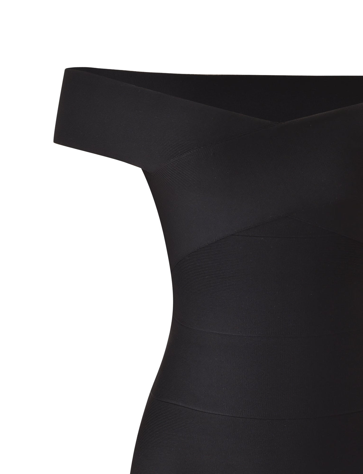 Close-up of the ANTONEA BANDAGE MINI DRESS by TIGERMIST in black, featuring an off-shoulder, crisscross neckline detail that accentuates the sweetheart neckline. The fitted bodycon mini dress is showcased against a white background.
