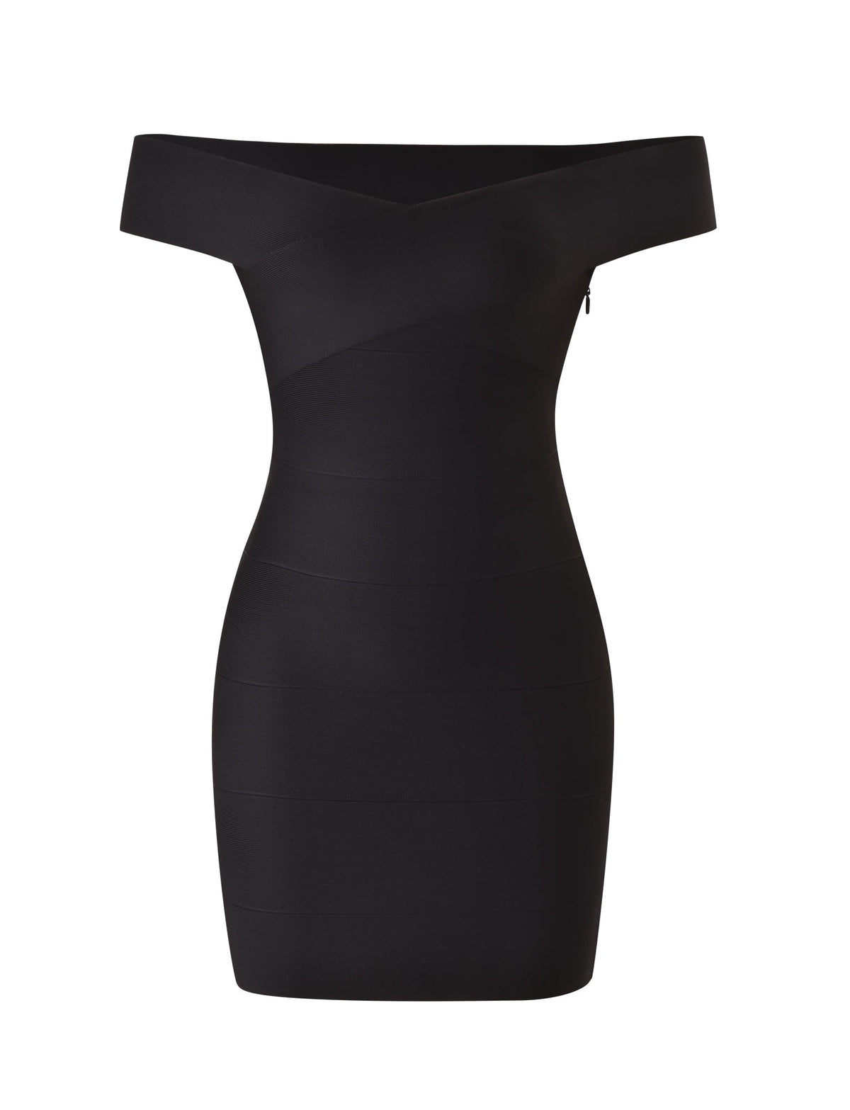 The ANTONEA BANDAGE MINI DRESS by TIGERMIST is a black, off-the-shoulder mini dress with a fitted, bandage-style silhouette, a flattering sweetheart neckline, and a short hemline, displayed on a white background.