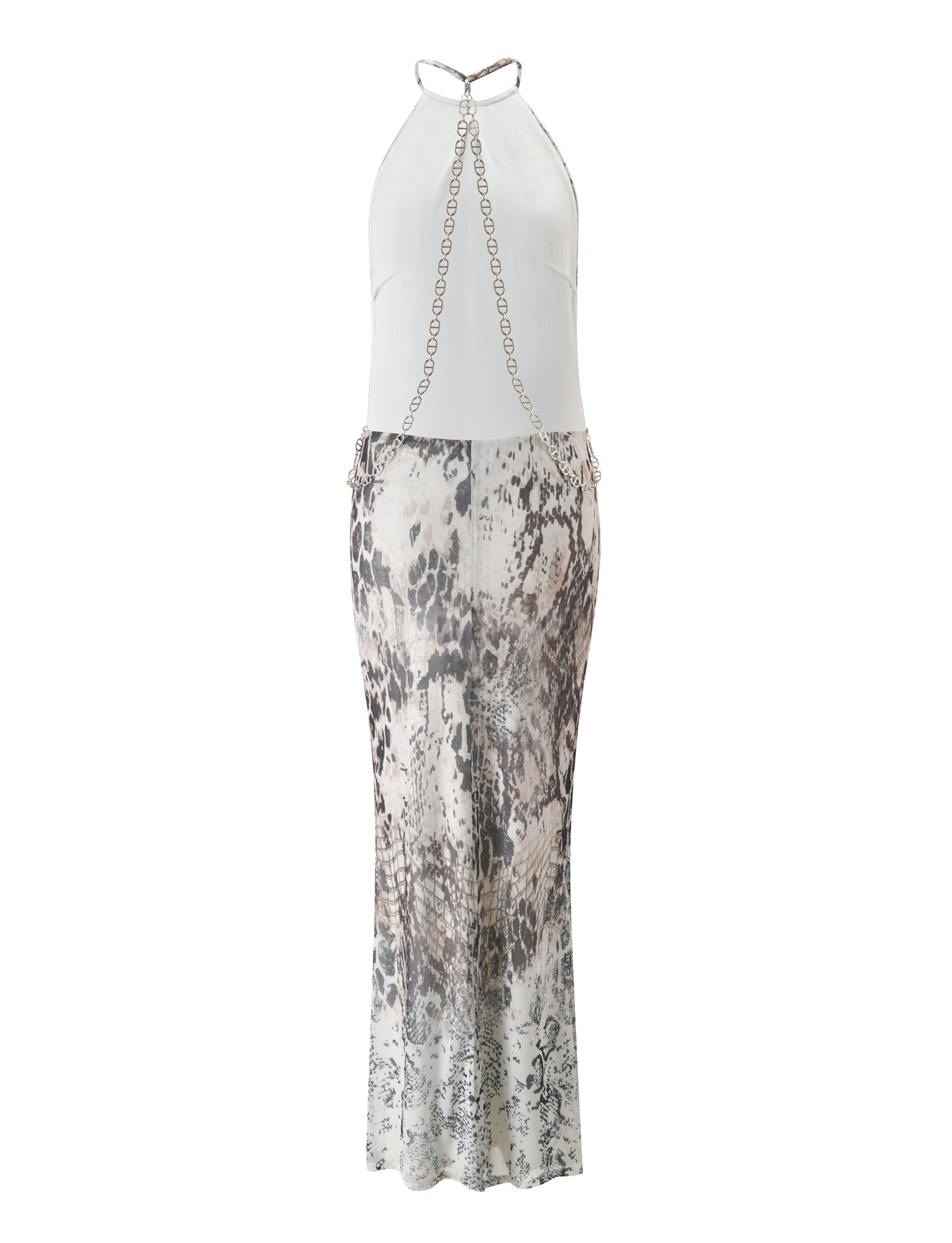 The ZALIE MAXI DRESS - SNAKE PRINT by TIGERMIST features a long halter-neck silhouette with a white top, metallic chain straps, and a flowy skirt adorned with a black and gray snakeskin print. This striking dress is displayed on a plain white background.