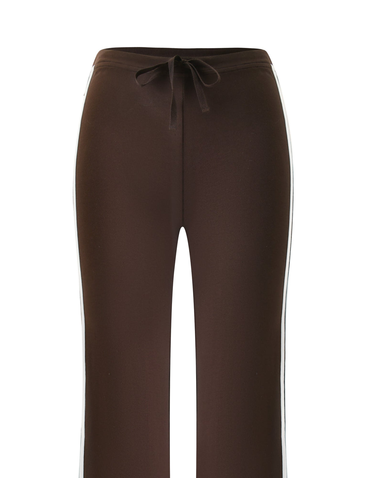 The COLLINS TRACKPANT - CHOCOLATE STRIPE by TIGERMIST features a low rise waist and a drawstring, accented with crisp white stripes down the sides and finished with a classic flared leg silhouette, displayed on a plain white background.