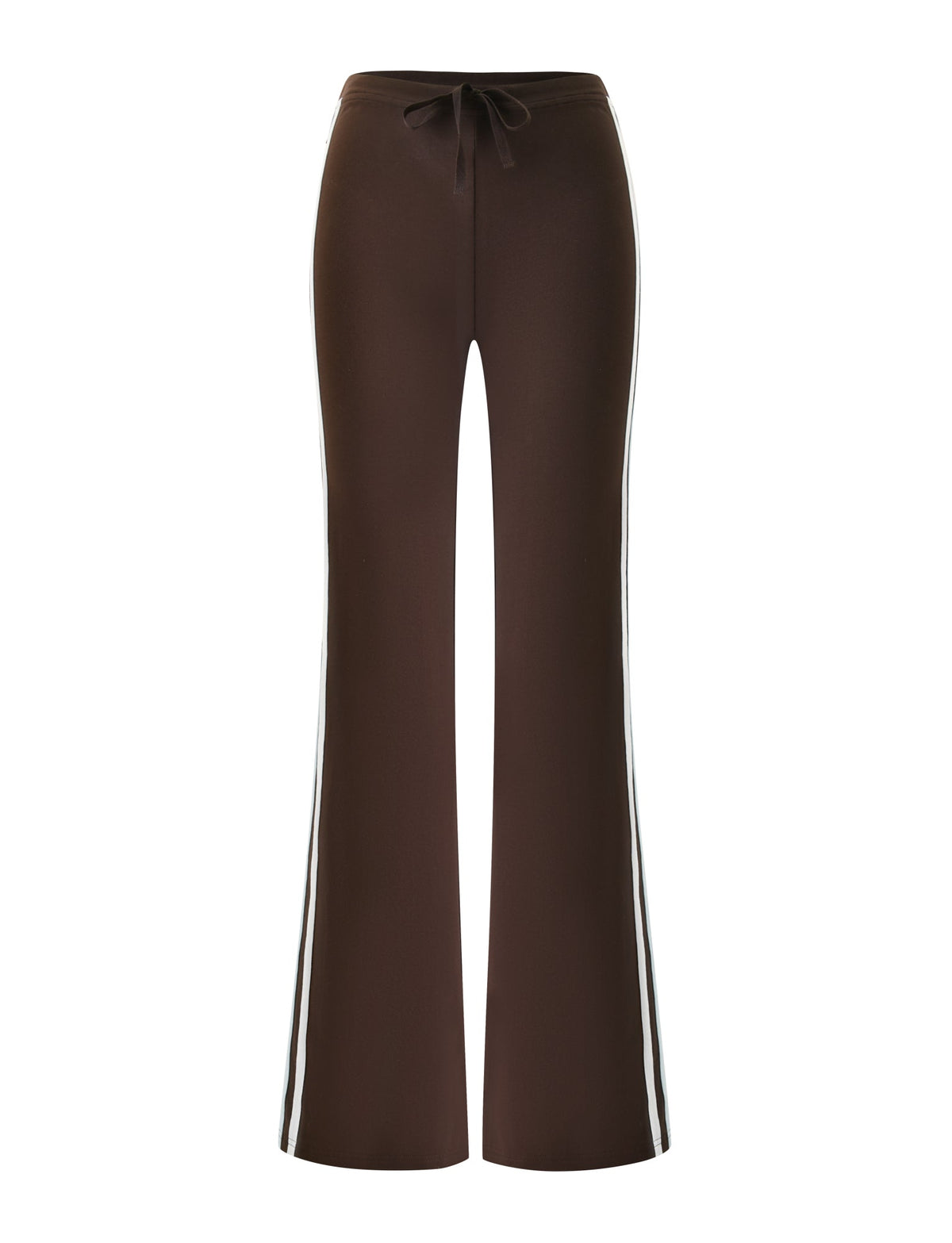 The COLLINS TRACKPANT - CHOCOLATE STRIPE by TIGERMIST features a high-waisted, flared leg design with a drawstring waist and white side stripes, shown against a white background.