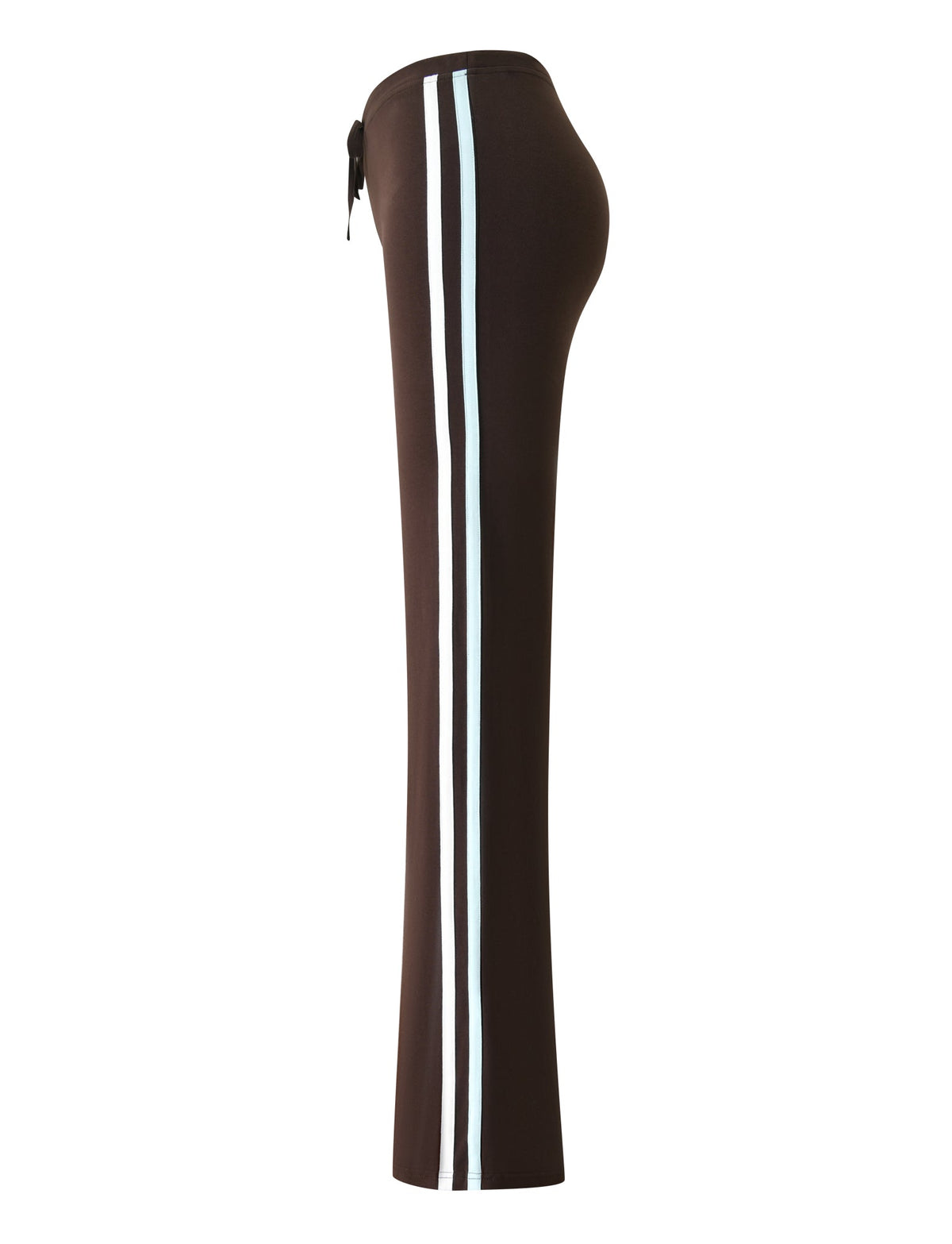 The TIGERMIST COLLINS TRACKPANT - CHOCOLATE STRIPE is a pair of high-waisted brown trackpants featuring a flared leg silhouette and two vertical white stripes along the sides. The pants are displayed from a side view against a white background.