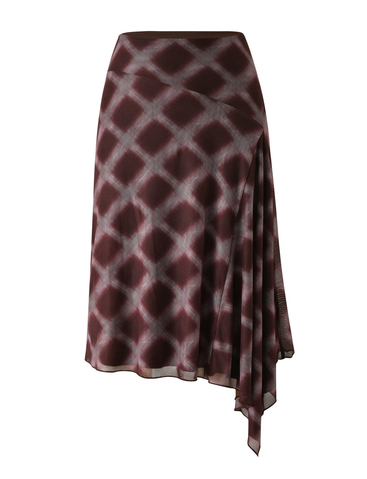 The SAFFRON MIDI SKIRT - MAHOGANY CHECK by TIGERMIST is a knee-length, asymmetrical skirt featuring a maroon and white check pattern with a draped detail on one side, inspired by timeless classic styles.
