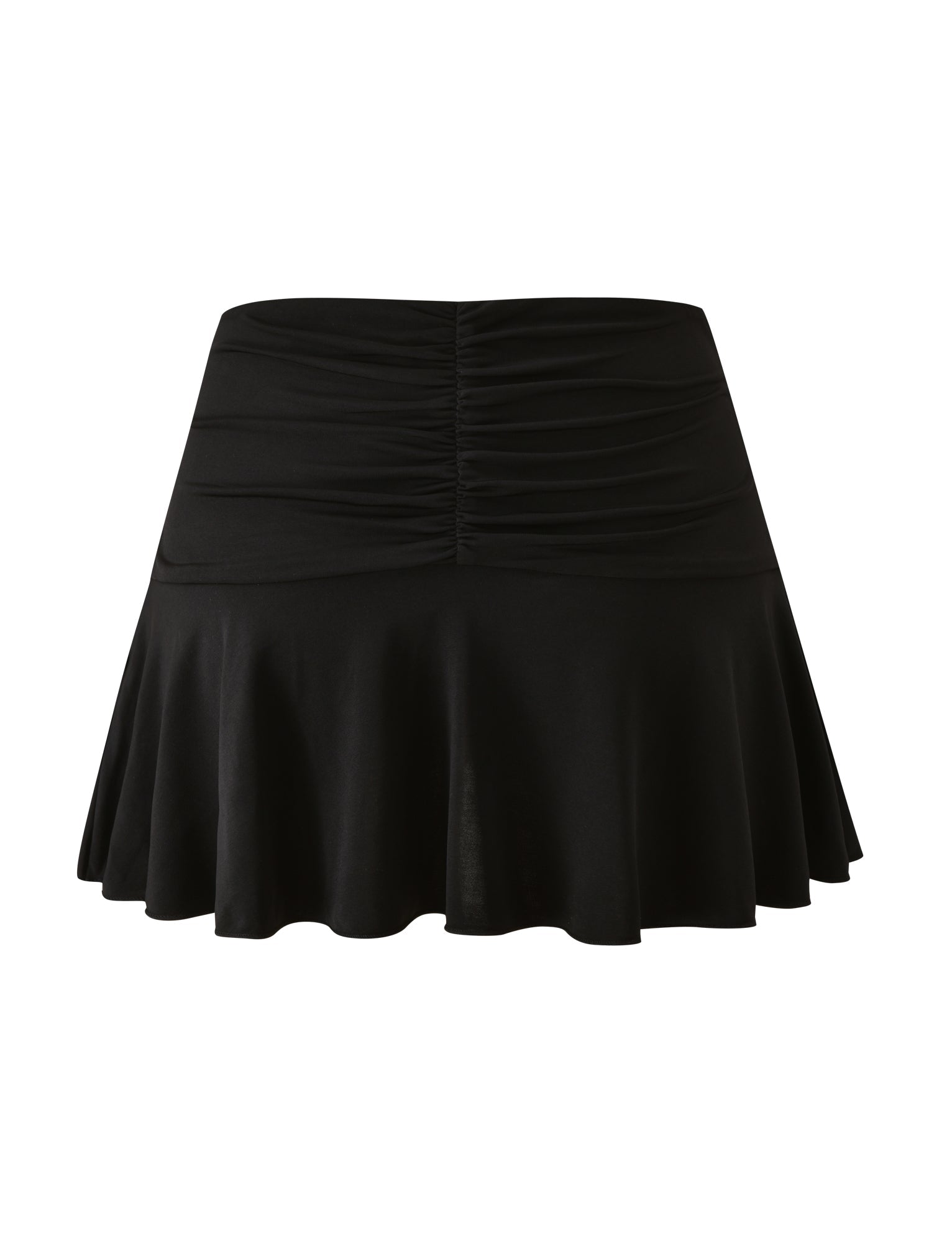 The SOLIA MINI SKIRT - BLACK by TIGERMIST is a black flared mini skirt featuring a ruched, gathered waistband. This stylish skirt offers a smooth texture with a gently flowing, loose fit at the bottom and is finished with a subtle ruffled hem for added movement and style.