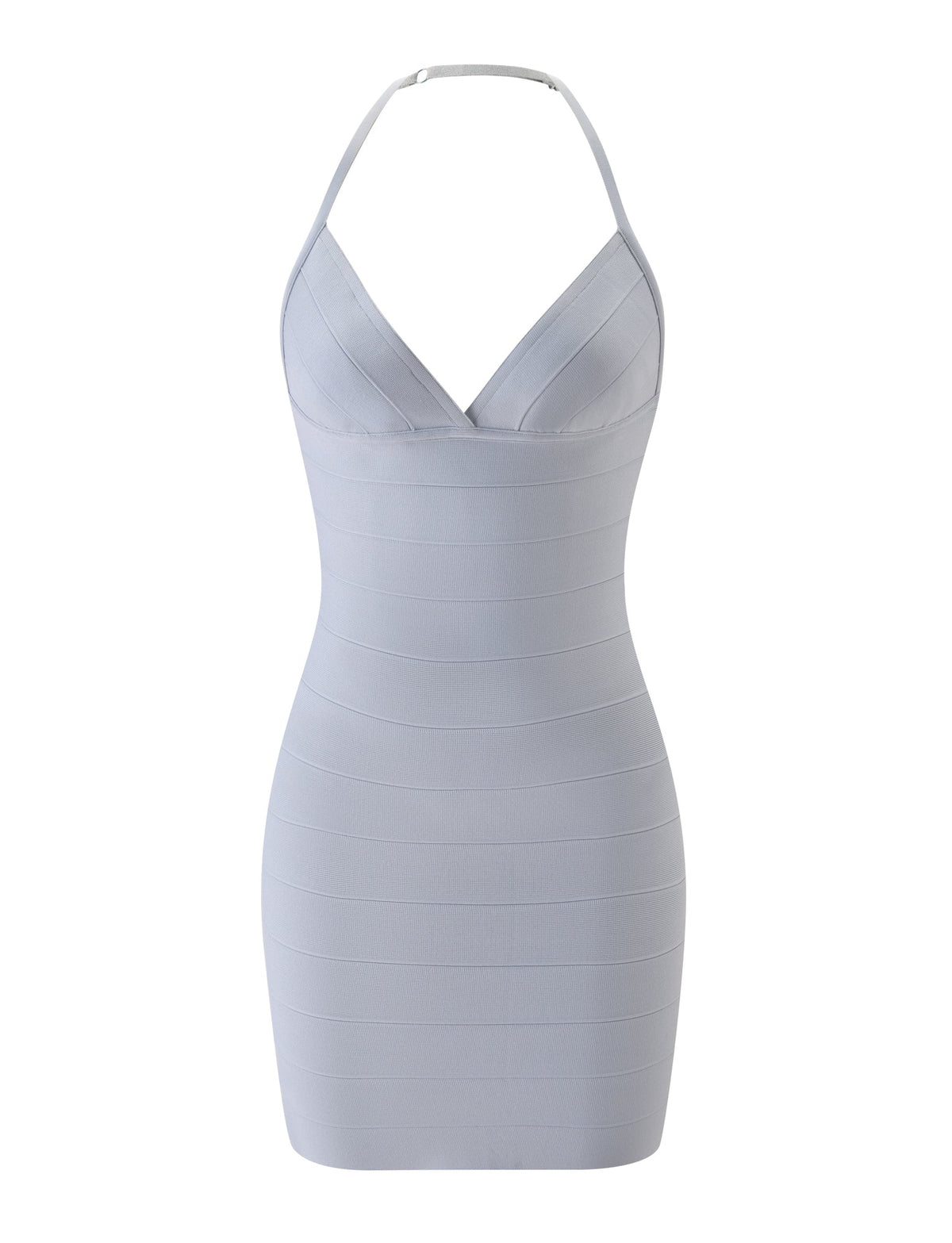 Light grey DALIA BANDAGE MINI DRESS - DOVE GREY featuring a V-neckline and thin halter straps.