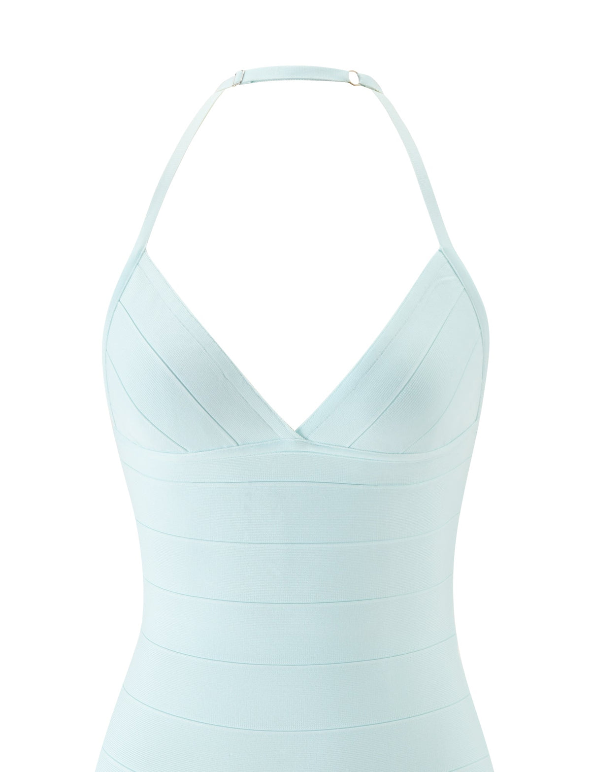 The DALIA BANDAGE MINI DRESS by TIGERMIST features a light mint blue hue and a sleeveless halter-neck design with a deep V neckline and horizontal banded detailing. With its adjustable neck strap and figure-hugging silhouette, this dress is the perfect choice for your next beach club outing.