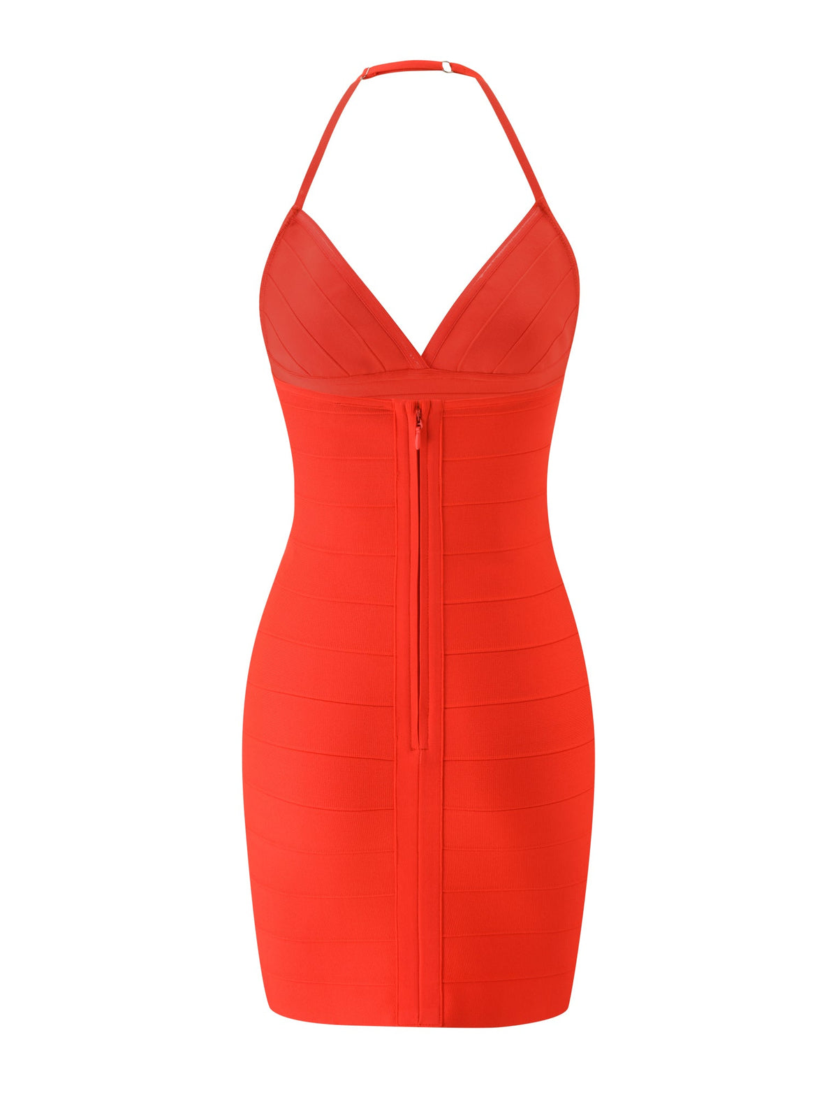 The DALIA BANDAGE MINI DRESS - TOMATO by TIGERMIST is a sleeveless, form-fitting Euro summer dress featuring a halter neck and a striking front zipper that runs vertically from neckline to hem, designed to accentuate your silhouette and bring a bold flair to your wardrobe.