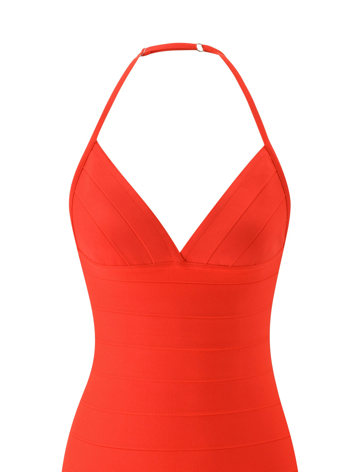 A vibrant tomato-red DALIA BANDAGE MINI DRESS by TIGERMIST, featuring a halter neckline, deep V-cut, and banded detailing inspired by bold Euro summer trends, shown against a white background.