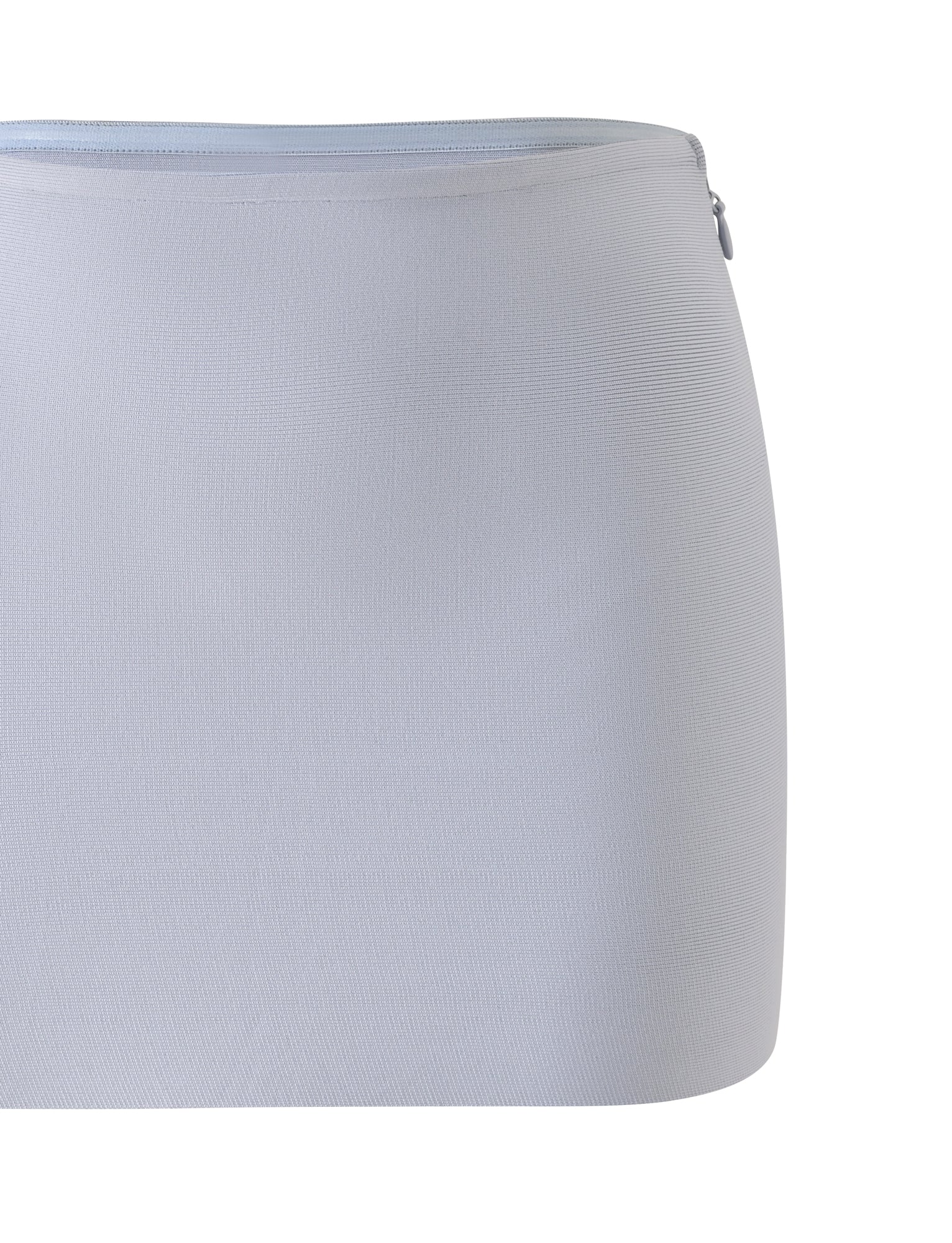 The TAHNIA BANDAGE MINI SKIRT by TIGERMIST is a dove grey, high-waisted mini skirt with a subtle ribbed texture and bodycon fit, featuring a side zipper and displayed against a white background.