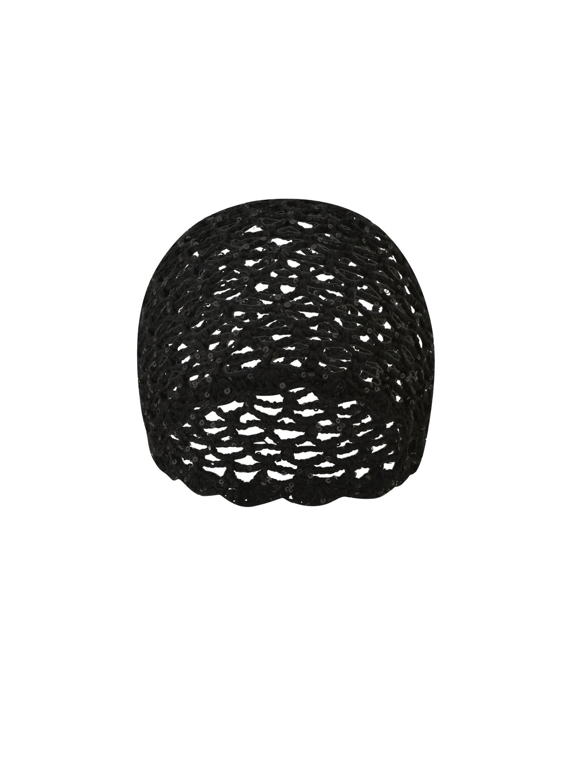 The STEVIE CROCHET CAP - BLACK by TIGERMIST features shimmering sequins and an open, lacy design, making this sheer crochet cap the perfect festival accessory, beautifully showcased against a white background.