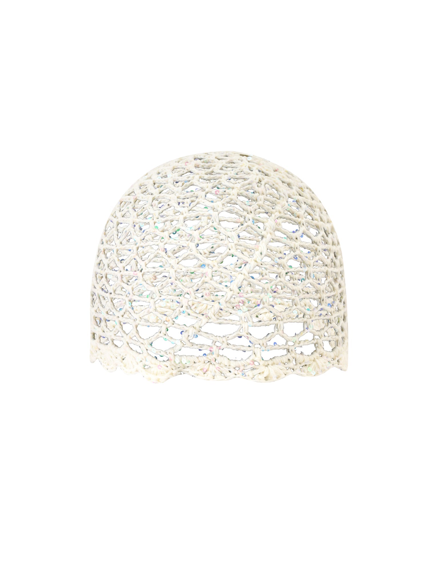 The STEVIE CROCHET CAP in cream by TIGERMIST features a white, dome-shaped design with a delicate sheer openwork pattern, shown on a plain white background—making it an elegant accessory for festivals.