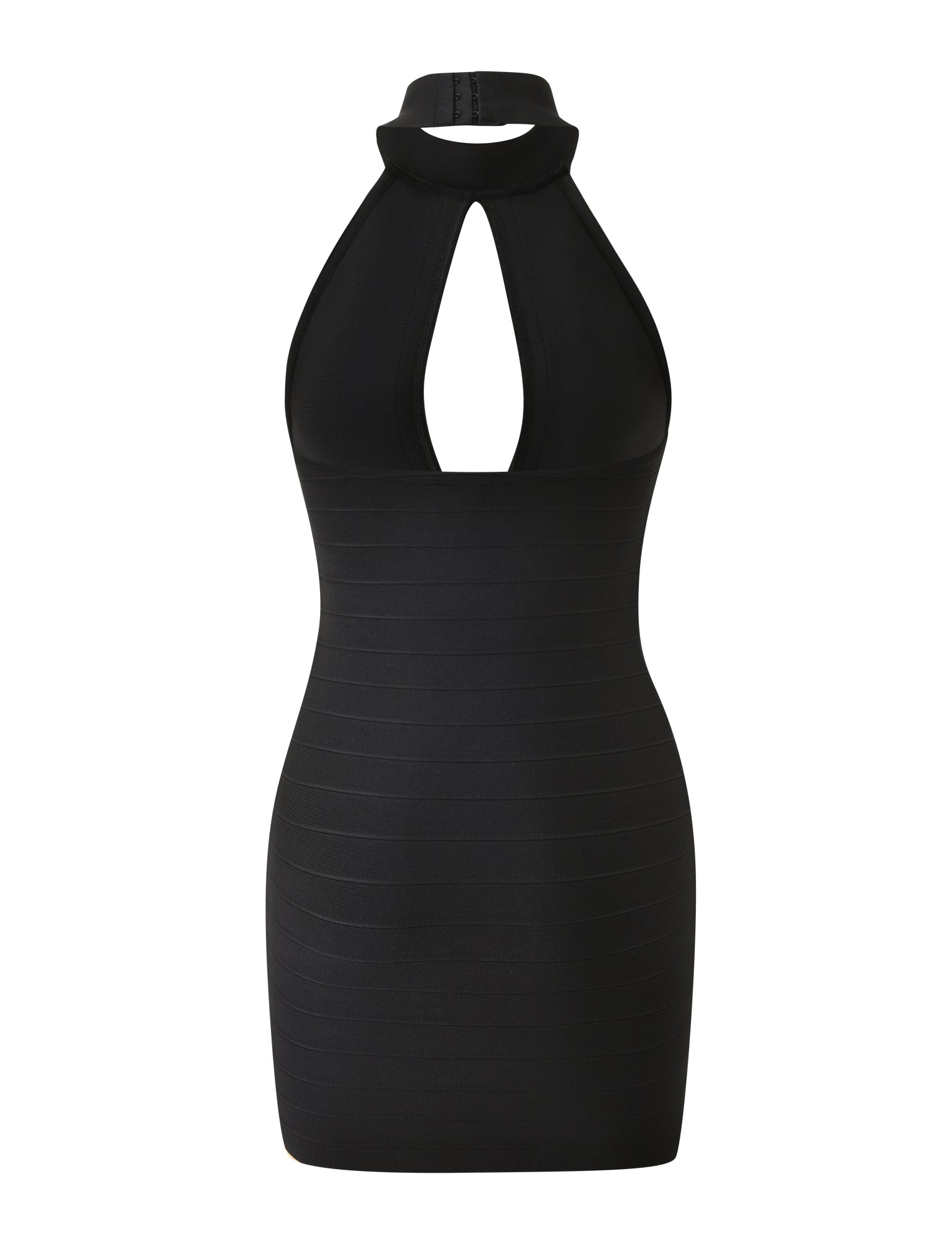 The CARINA BANDAGE MINI DRESS - BLACK by TIGERMIST is a chic black sleeveless mini dress with a halter neckline and chest keyhole cutout, featuring a flattering bodycon fit. Displayed on a plain white background, this stylish little black dress is perfect for any occasion.