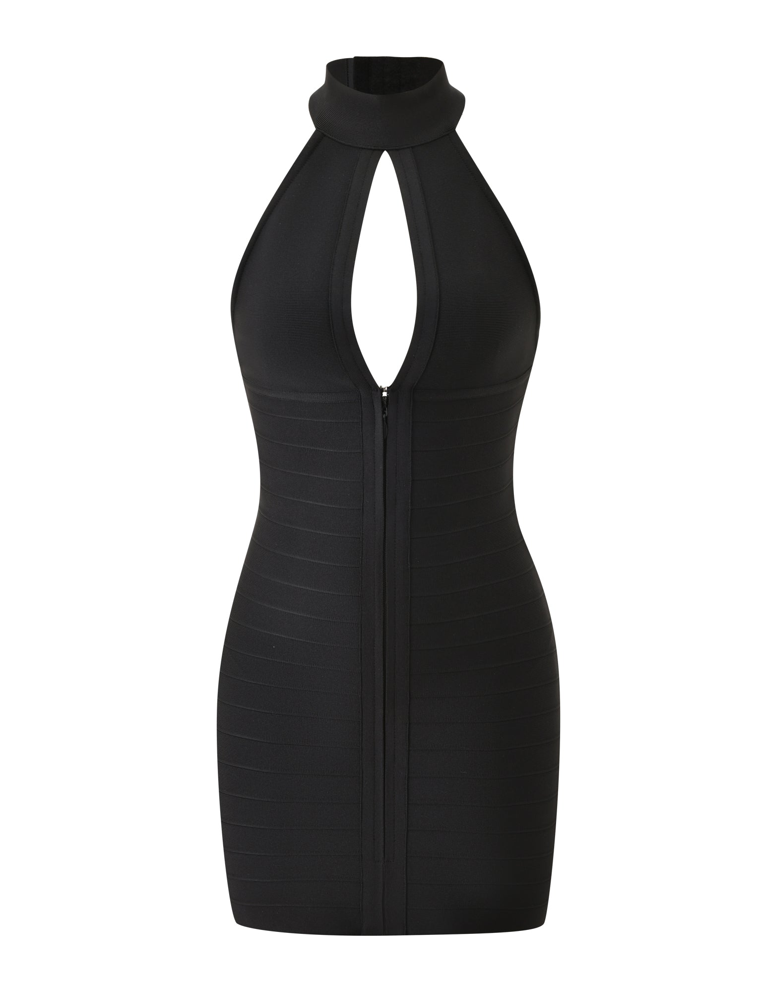 Introducing the TIGERMIST CARINA BANDAGE MINI DRESS in black—a sleeveless mini dress with a bodycon fit, designed with a halter neck and a keyhole cutout at the chest. Featuring a visible front zipper and subtle horizontal ribbing throughout the fabric, this is the perfect little black dress for any occasion.