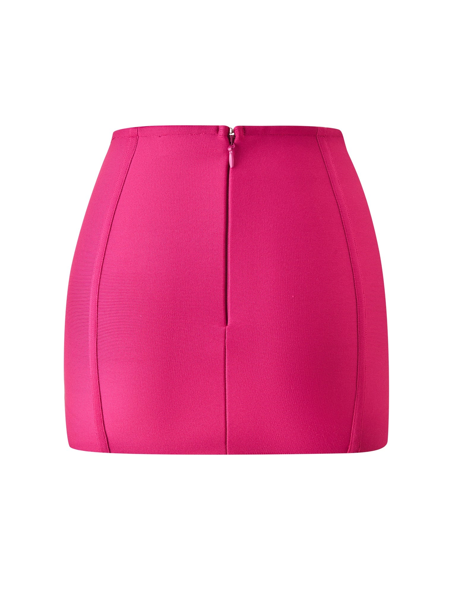 The TIGERMIST EVA BANDAGE MINI SKIRT in magenta is a high-waisted, bodycon mini skirt featuring seam detailing and a visible back zipper—an absolute cocktail hour essential, shown against a plain white background.