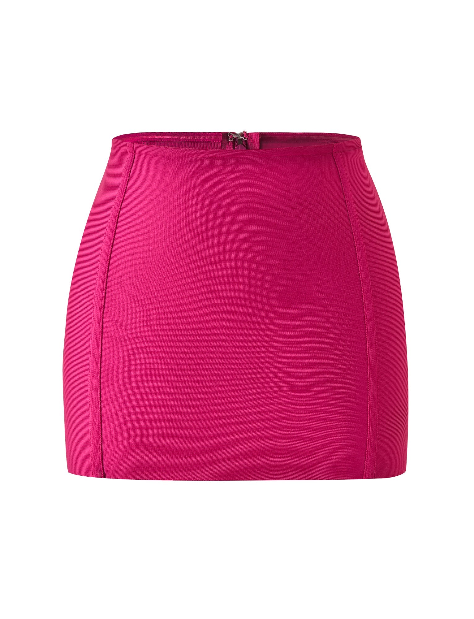 The EVA BANDAGE MINI SKIRT - MAGENTA by TIGERMIST is a high-waisted, magenta pink bodycon mini skirt featuring a back zipper, subtle seam detailing, and a sleek fitted silhouette—making it the perfect cocktail hour essential, shown here against a white background.
