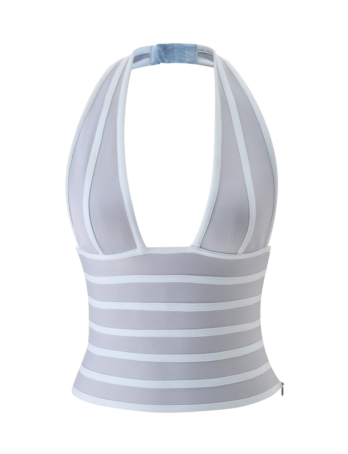 Introducing the BRIGIT BANDAGE TOP in Dove Grey by TIGERMIST—a sleeveless halter neck top with a deep V-neckline and a figure-flattering bodycon fit. Designed with eye-catching vertical and horizontal stripes in light blue and white, this fitted top features a convenient side zipper for easy wear.