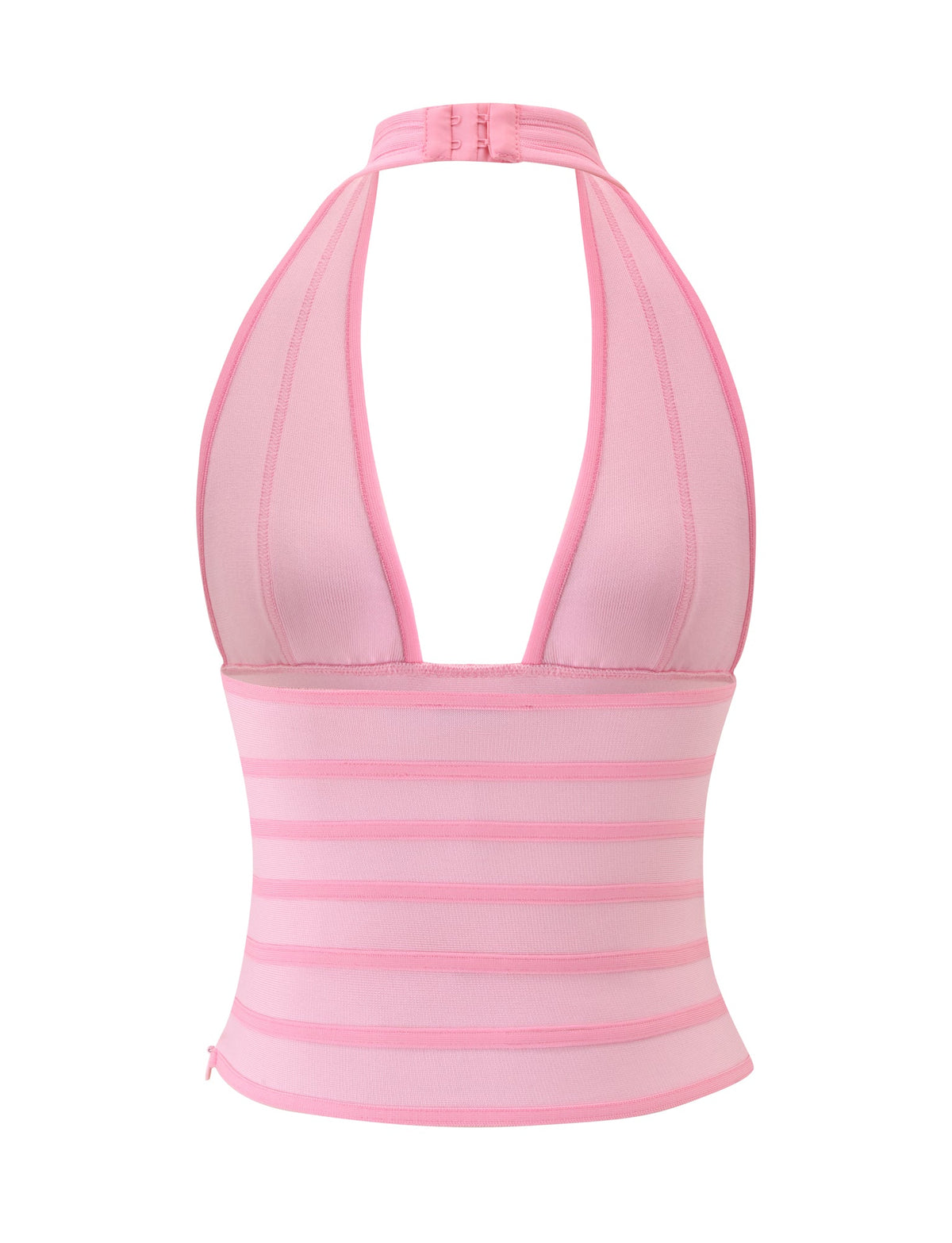 The BRIGIT BANDAGE TOP by TIGERMIST is a pink halter neck top featuring a bodycon fit, vertical sheer stripes on the bust, and horizontal stripes along the lower section. With a low back and neck clasp, its bandage fabrication accentuates your silhouette for an effortlessly chic look.