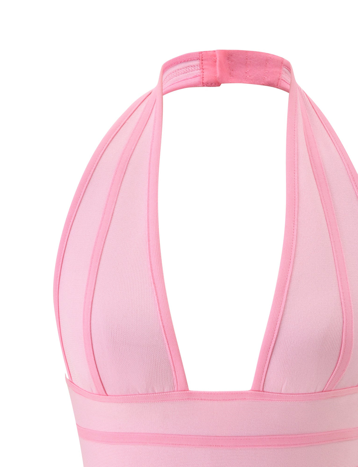 A close-up of the BRIGIT BANDAGE TOP in pink by TIGERMIST, featuring a halter neck design, vertical seam detailing, and a deep V neckline. This top is crafted from signature bandage fabrication for a flattering bodycon fit and fastens at the neck.
